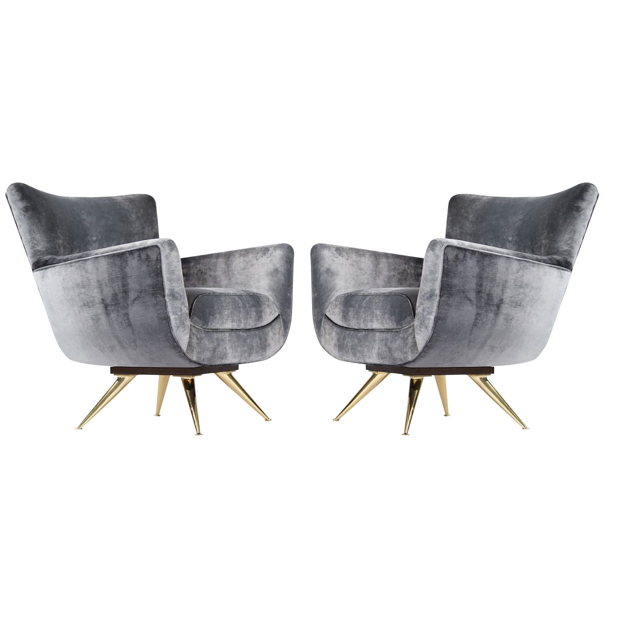 Henry Glass Swivel Chairs in Distressed Silver Velvet, C. 1950s For Sale