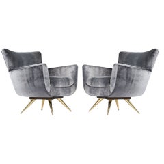 Henry Glass Swivel Chairs in Distressed Silver Velvet, C. 1950s