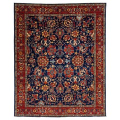 Navy Blue Modern Serapi Style Handmade Wool Rug With Allover Floral Motif