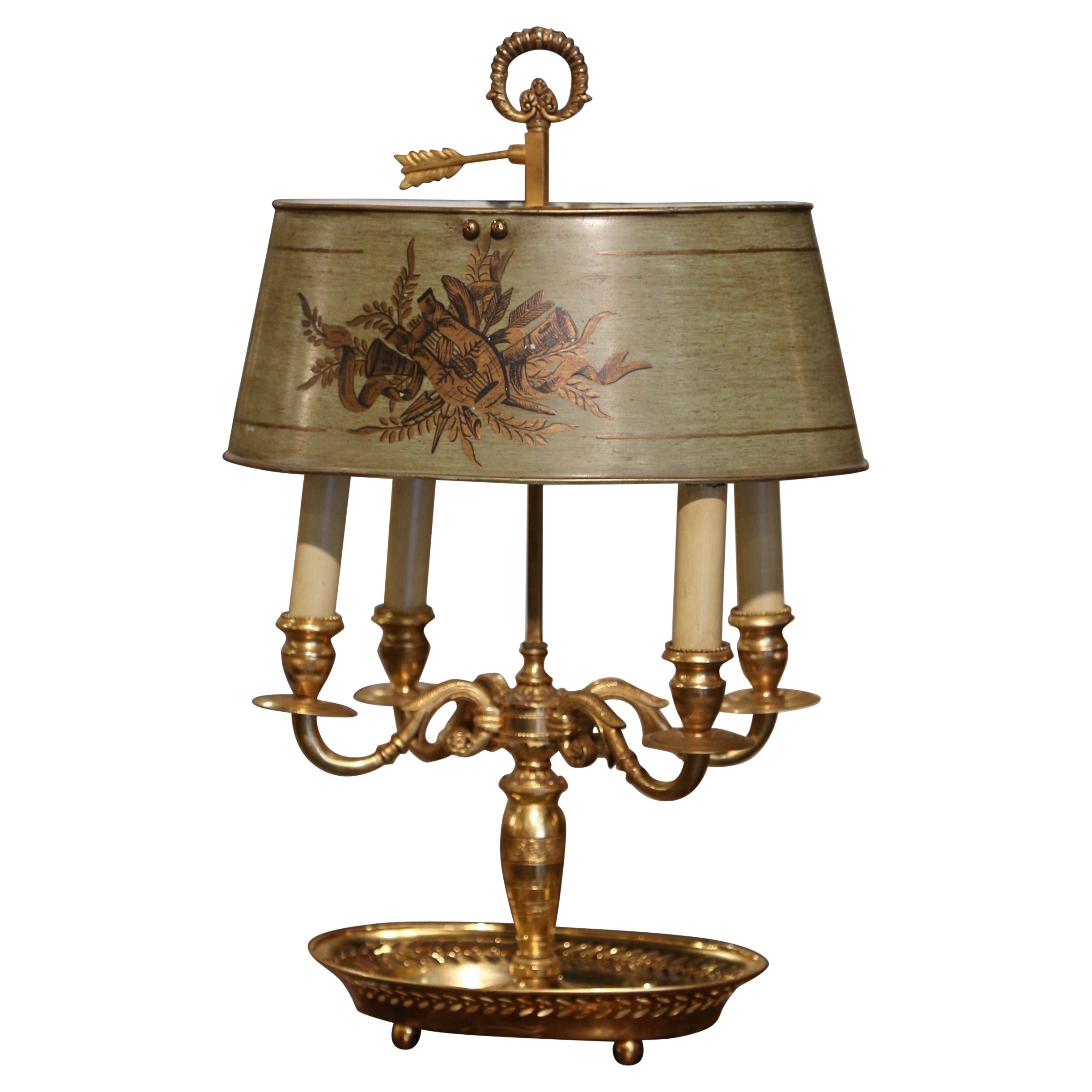 Early 20th Century French Brass & Painted Tole Four-Light Bouillotte Table Lamp For Sale