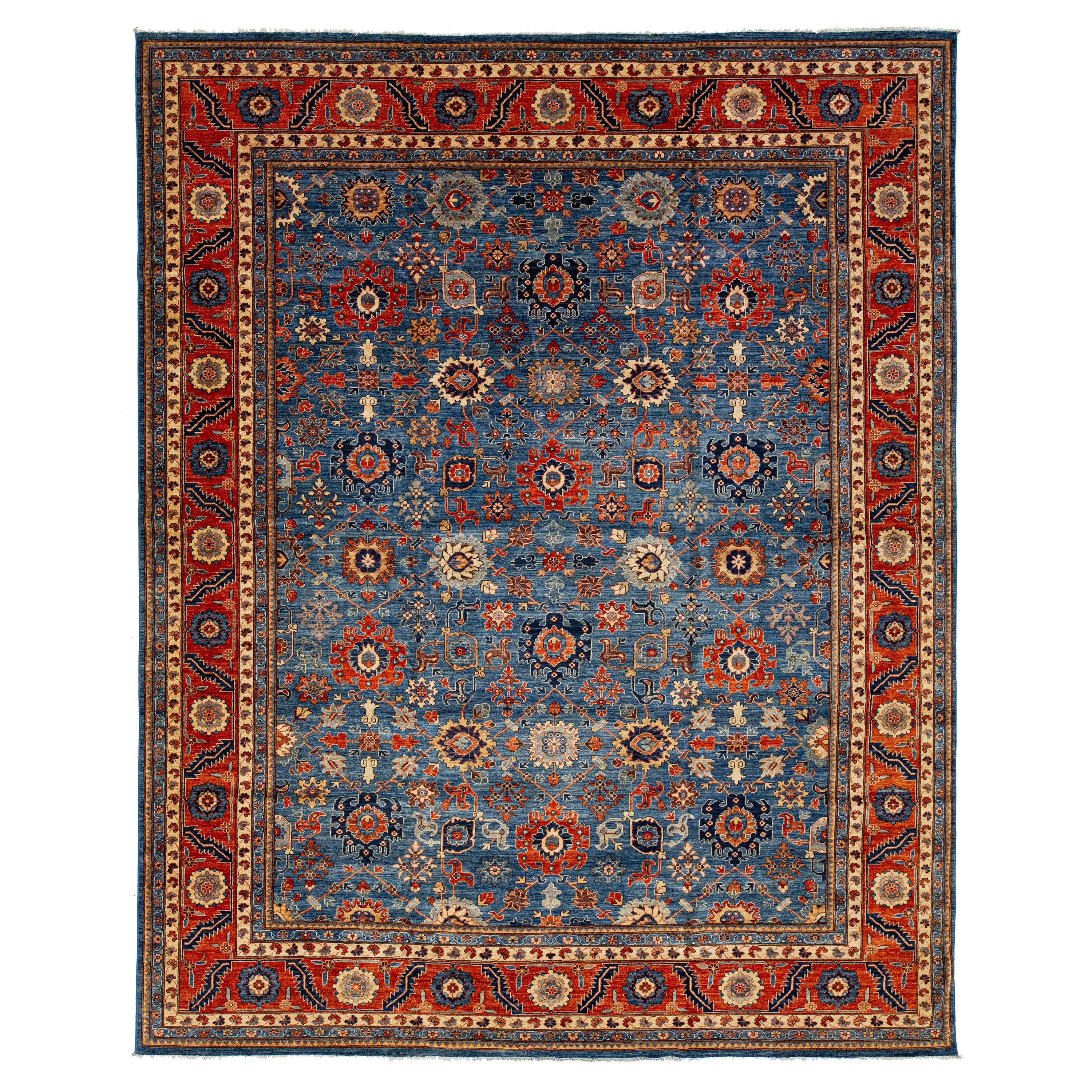 Floral Modern Serapi Style Wool Rug With Navy Blue Field For Sale