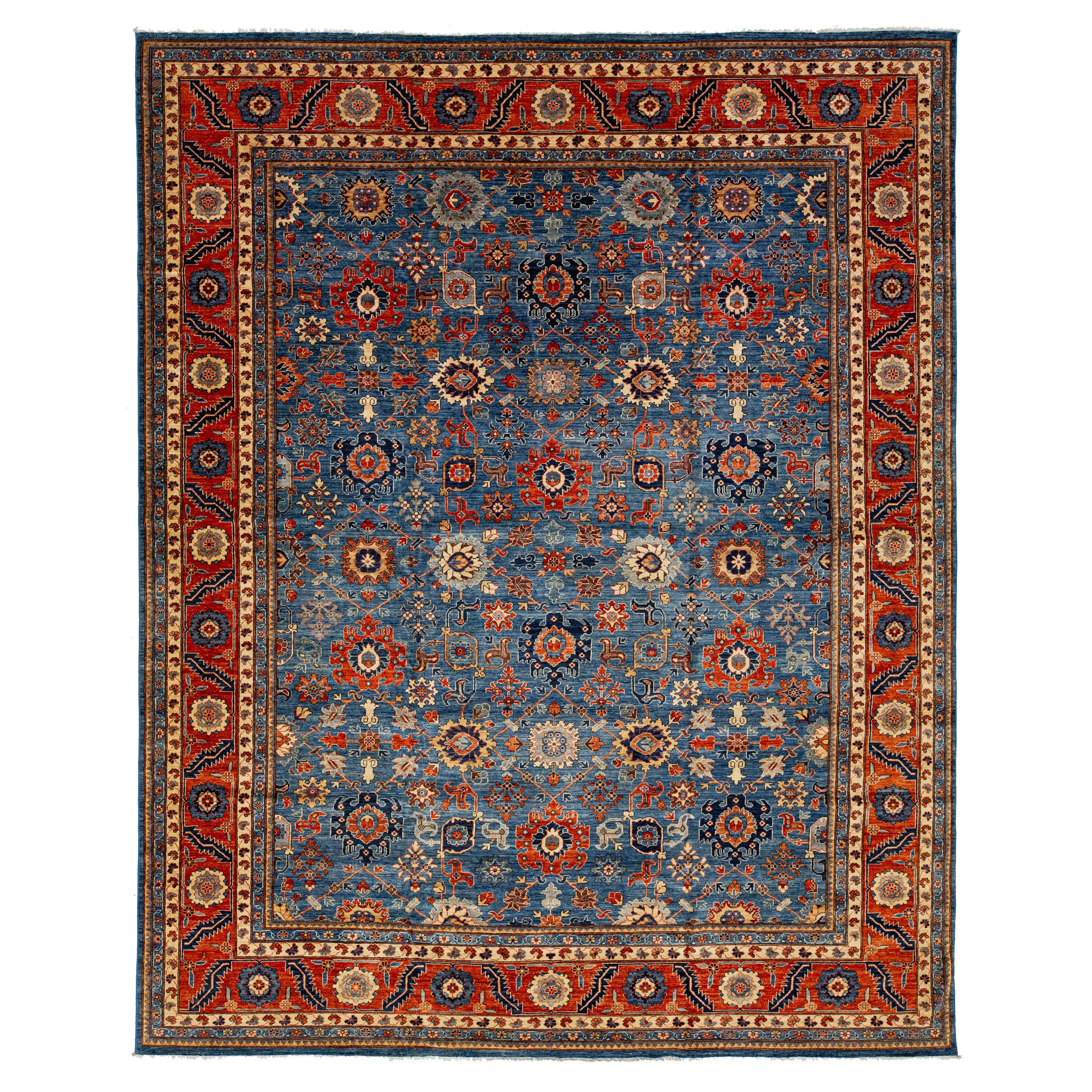 Moderner geblümter Wollteppich im Serapi-Stil mit marineblauem Feld
