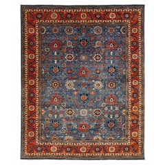 Tapis moderne en laine de style Serapi avec motif floral bleu marine