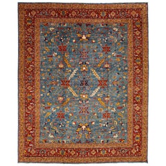 Blue Modern Serapi Style Wool Rug With Allover Floral Motif