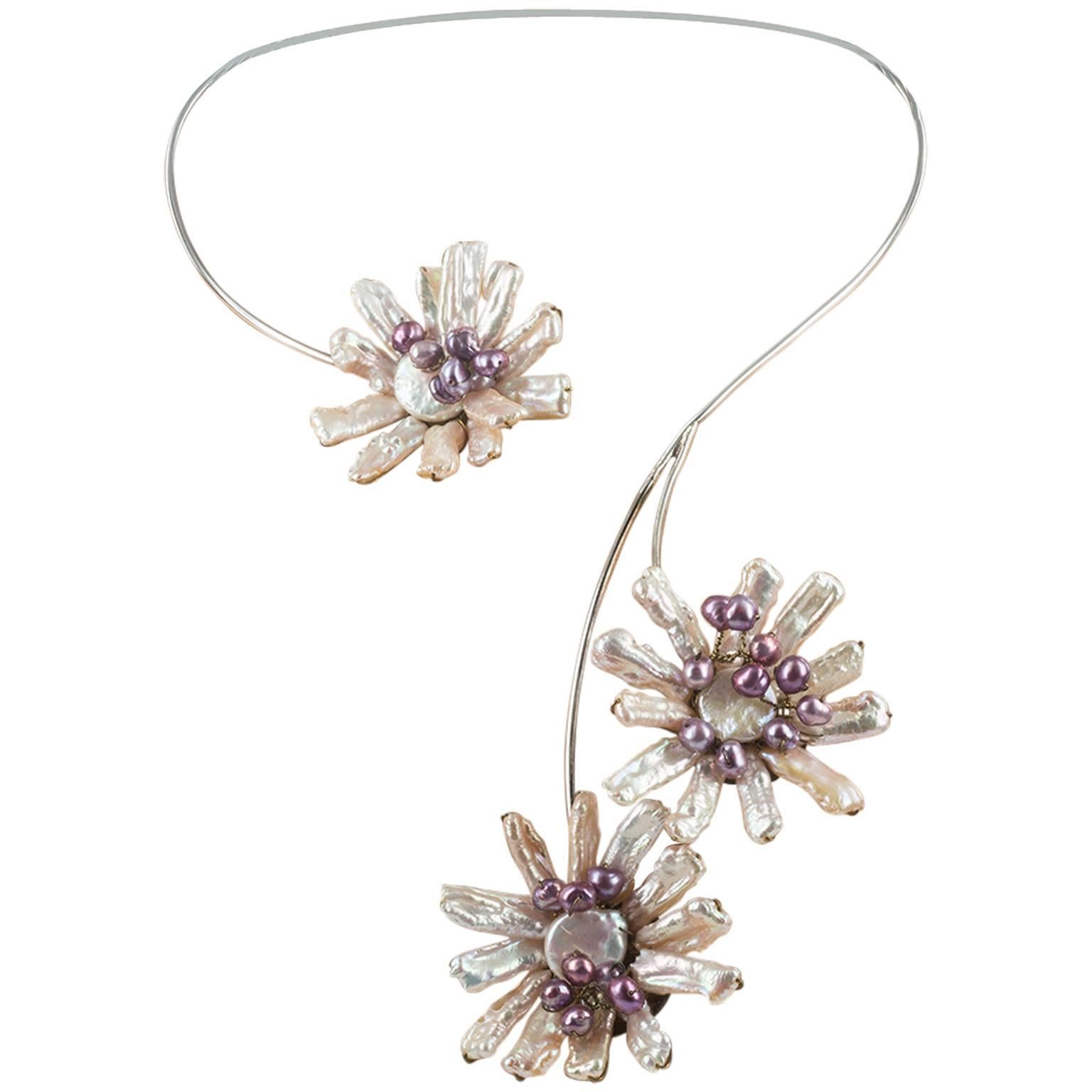 Italian Necklace with Pink Pearls Flowers