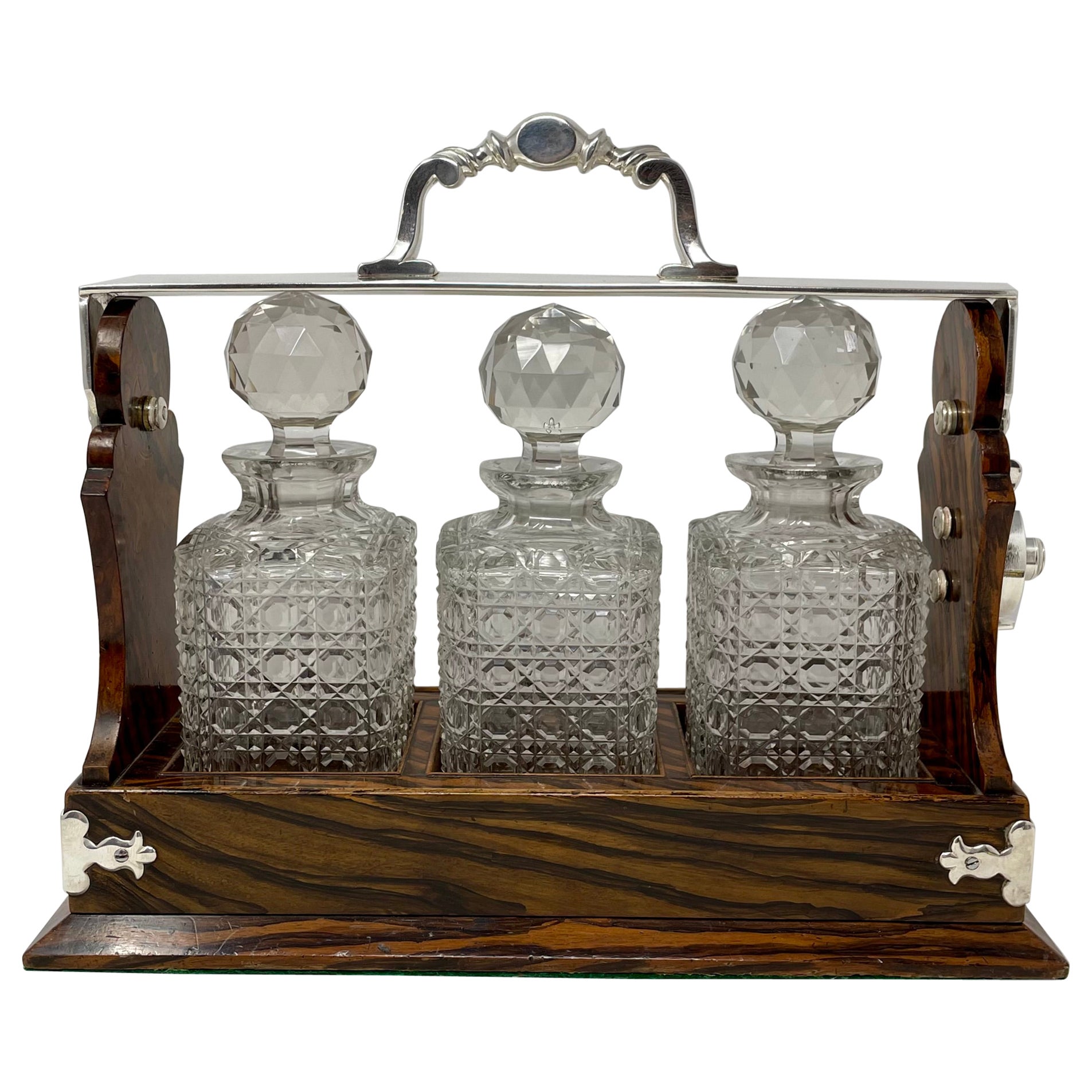 Antique English Silver Mounted Black Walnut 3 Bottle Tantalus, Circa 1880. For Sale