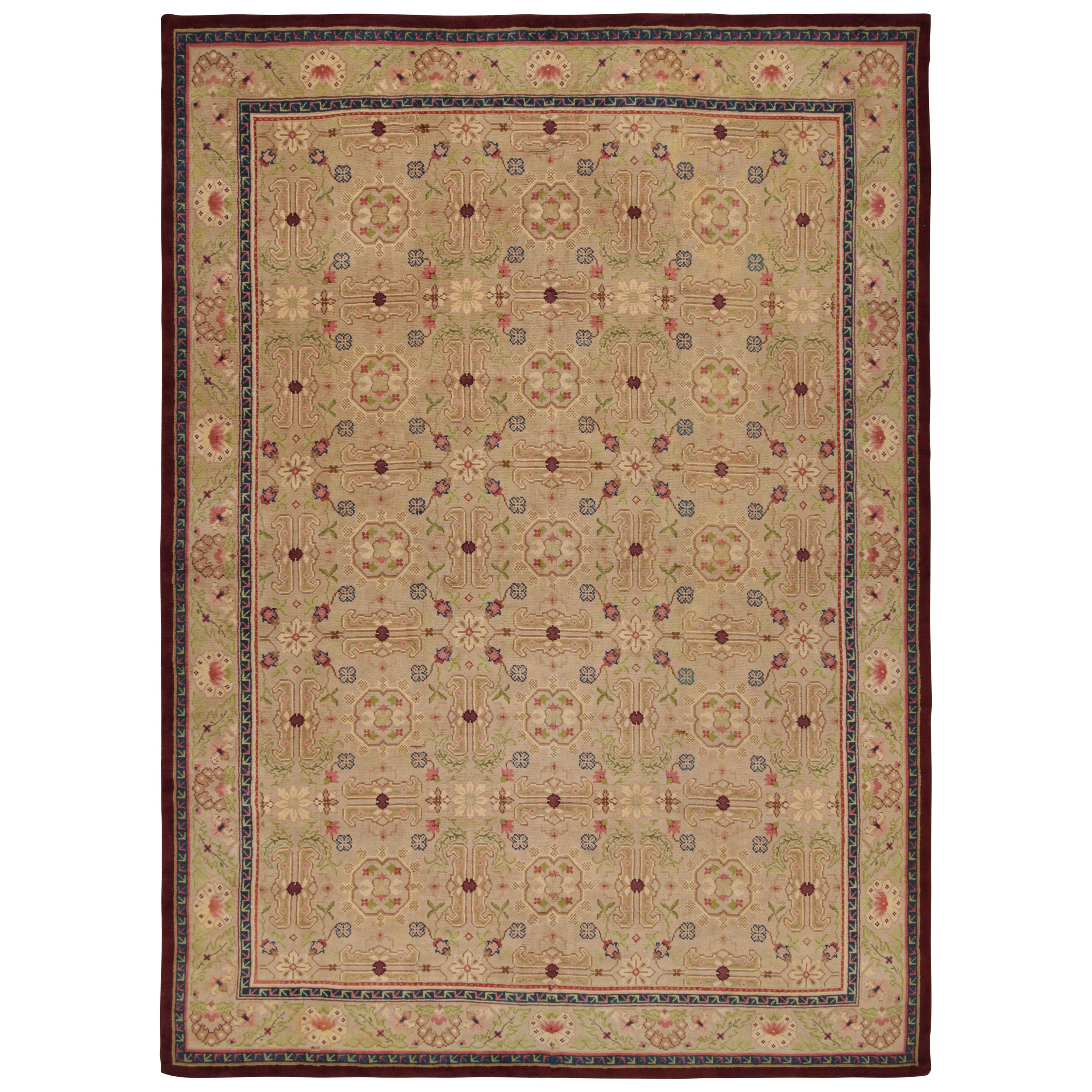 Oversized Antique Savonnerie Rug in Brown with Floral Patterns, from Rug & Kilim For Sale