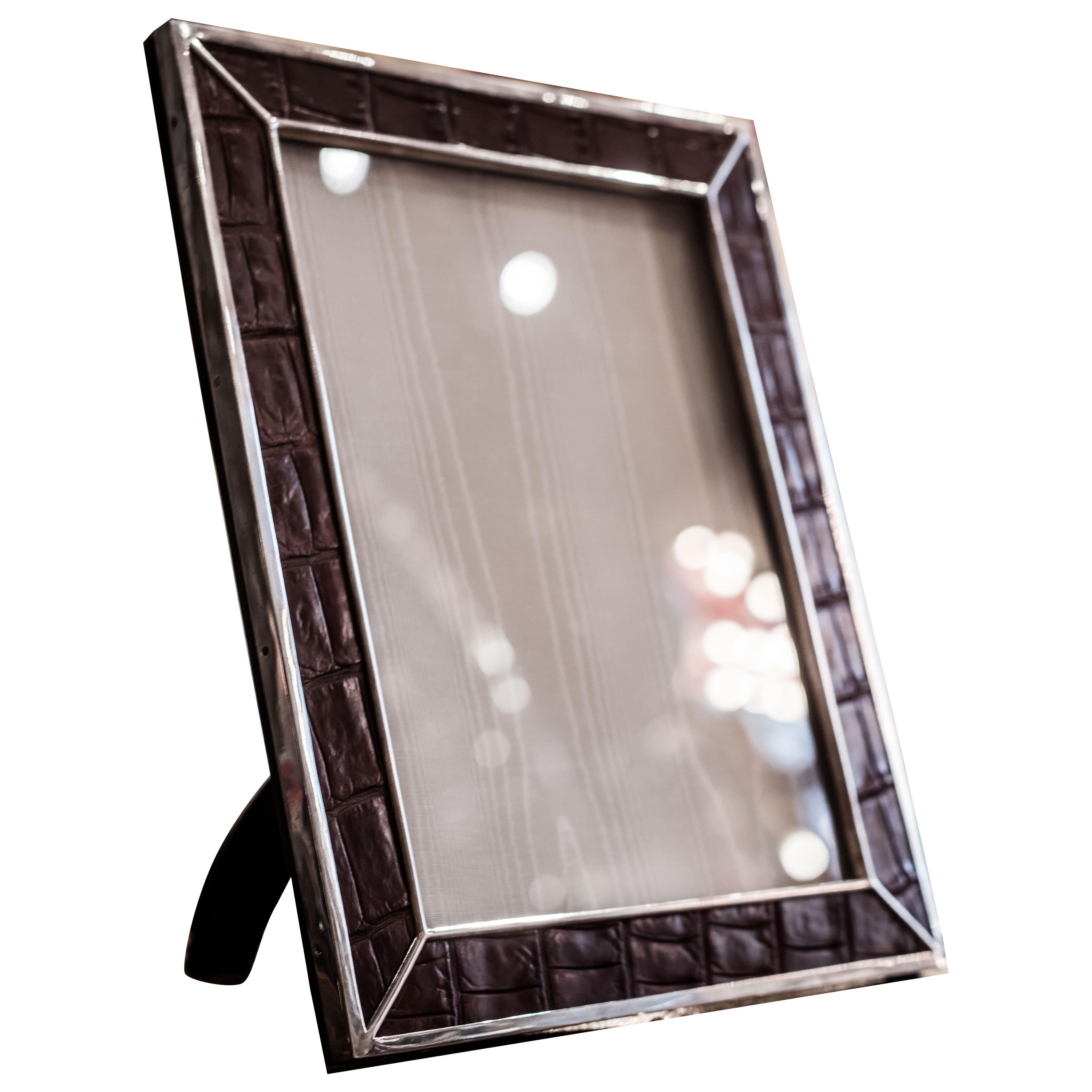 George V Silver and Crocodile Leather Photograph Frame For Sale