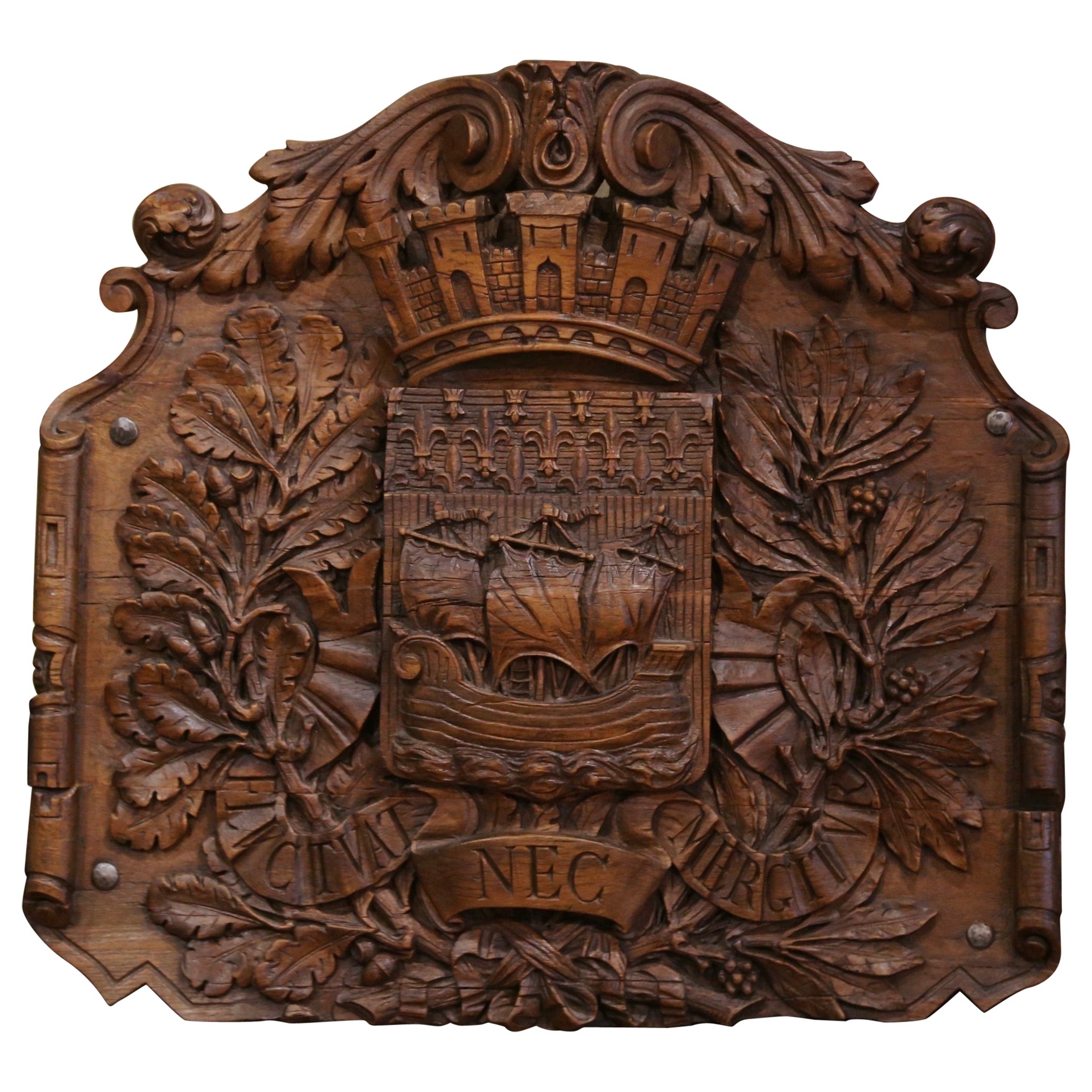 19th Century French Carved Walnut Royal Coat-of-Arms of the City of Paris For Sale