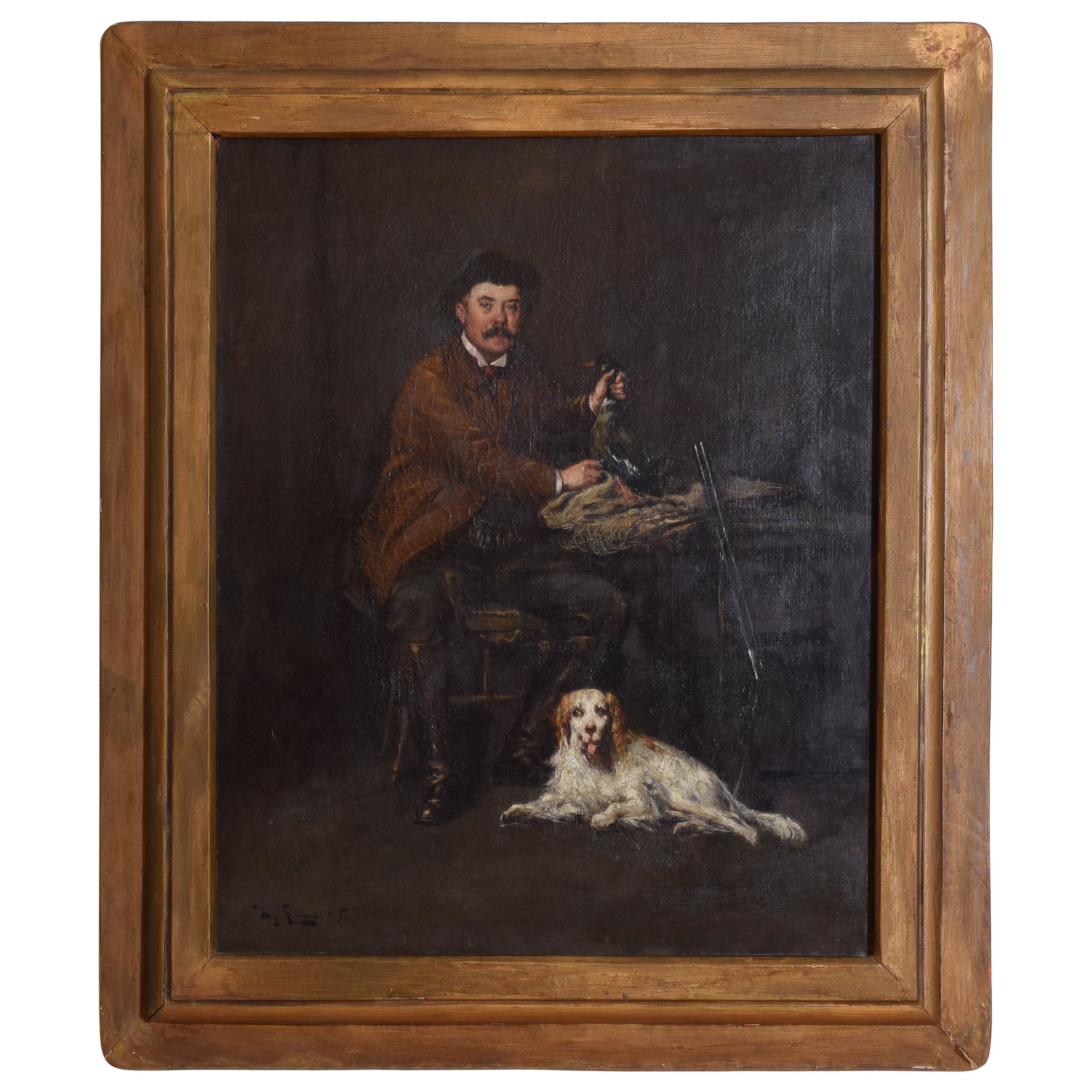 French Oil on Canvas, “After the Hunt, a Man & His Dog”, last quarter 19th cen. For Sale