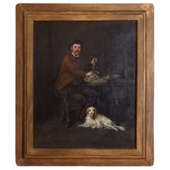 Huile sur toile, Après la chasse, un homme et son chien, dernier quart du XIXe siècle.
