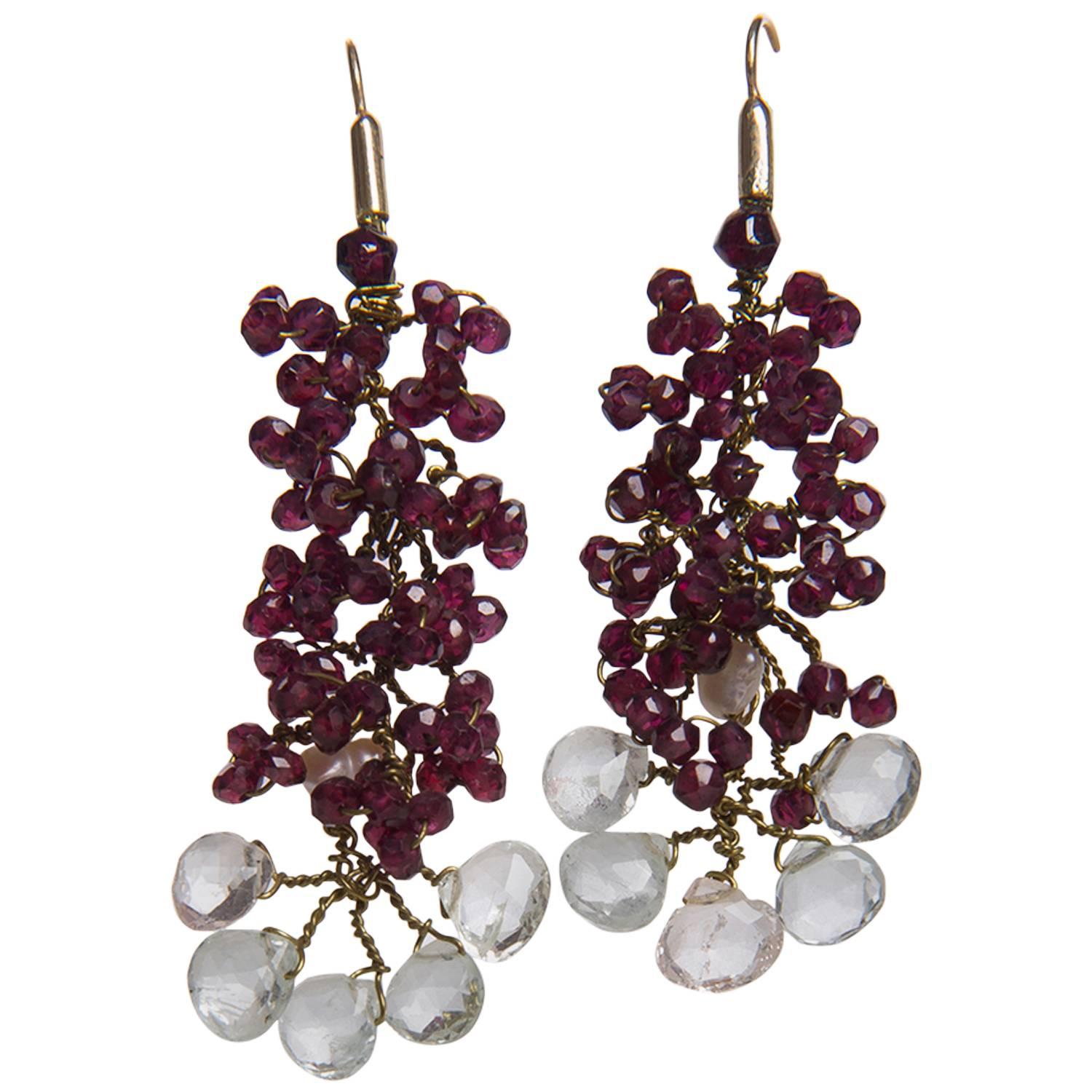  Earrings Acquamarina and Garnet on Gold For Sale