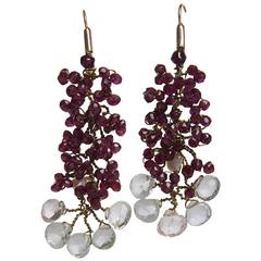 Acquamarina and garnet modern Italian earrings on gold; hand made 1