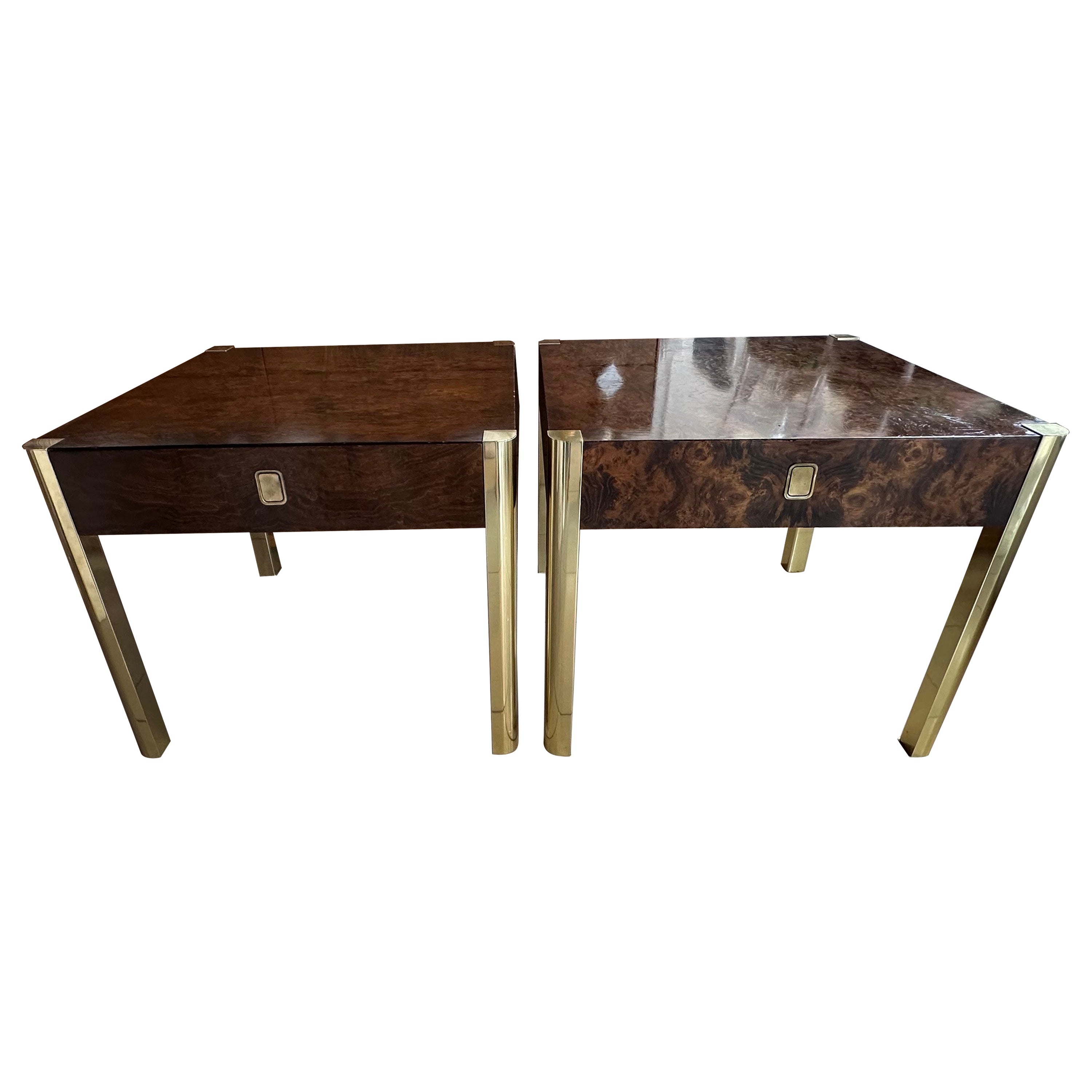 Pair Century Burled Burl Wood & Brass End Side Tables Nightstands 