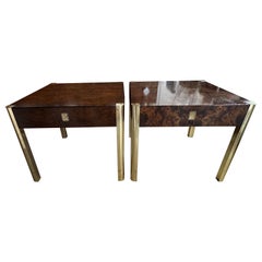 Retro Pair Century Burled Burl Wood & Brass End Side Tables Nightstands 
