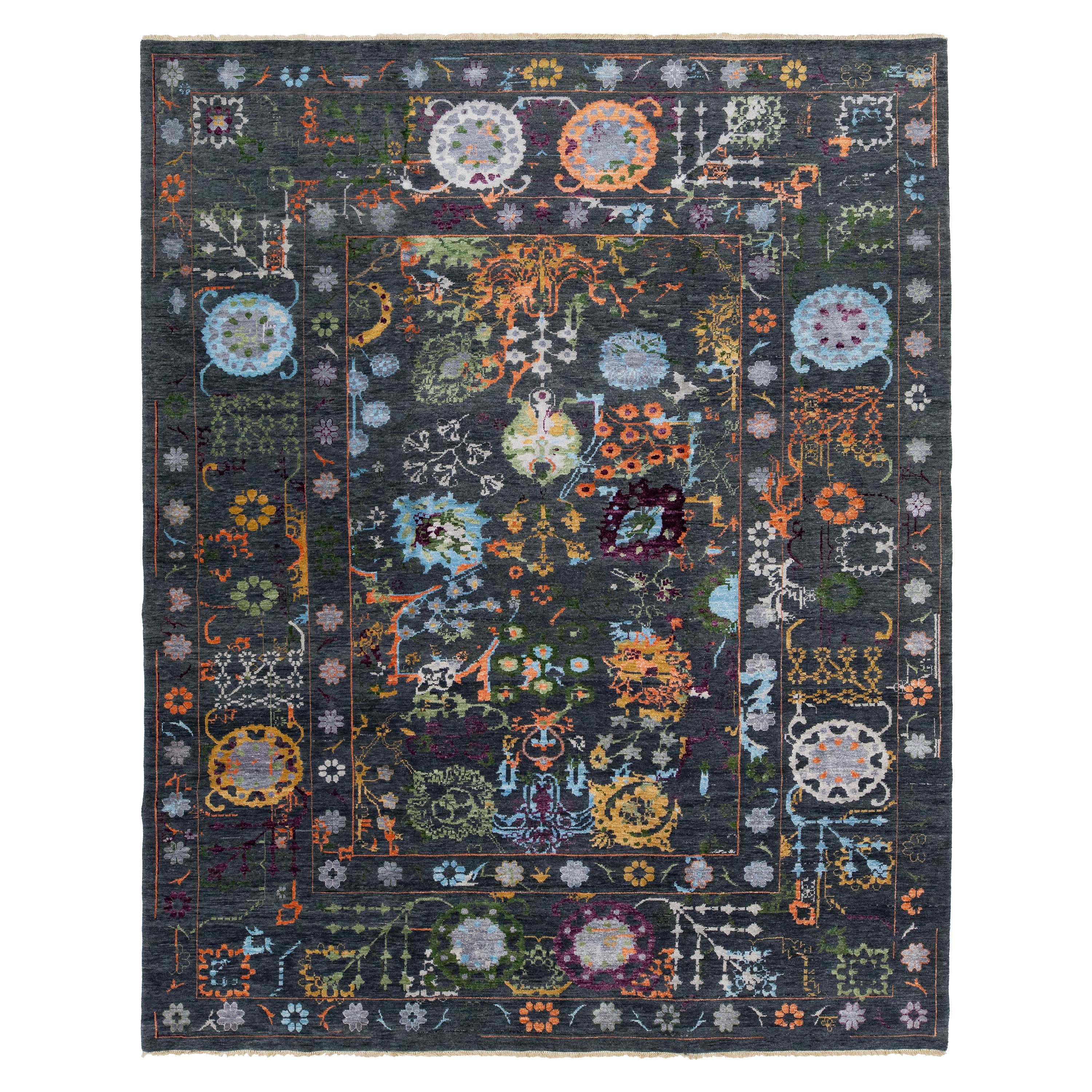  Contemporary Transitional Handmade Wool Rug with Floral Motif In Charcoal   For Sale