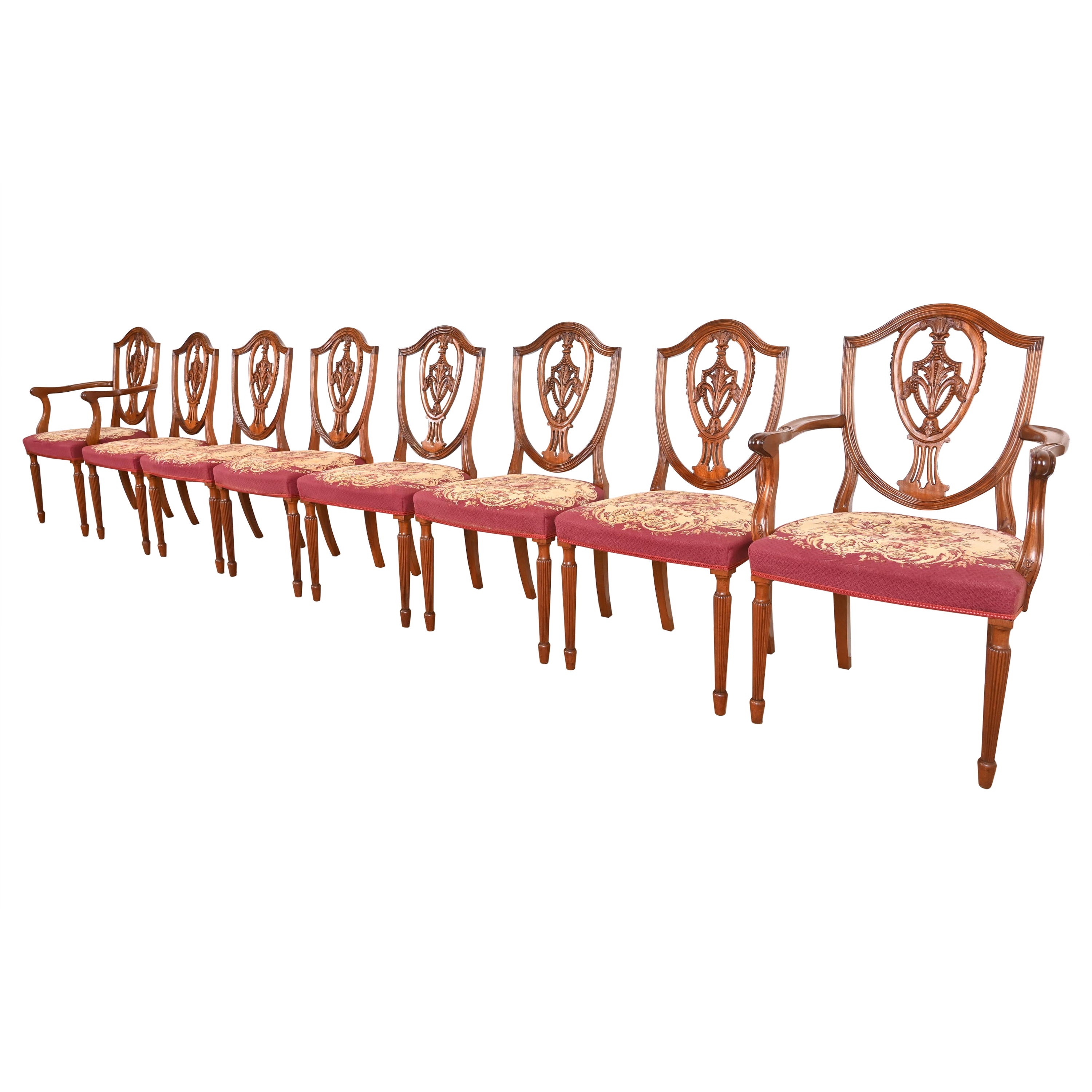 Baker Furniture Style Louis XVI Mahogany Shield Back Dining Chairs, Set of Eight