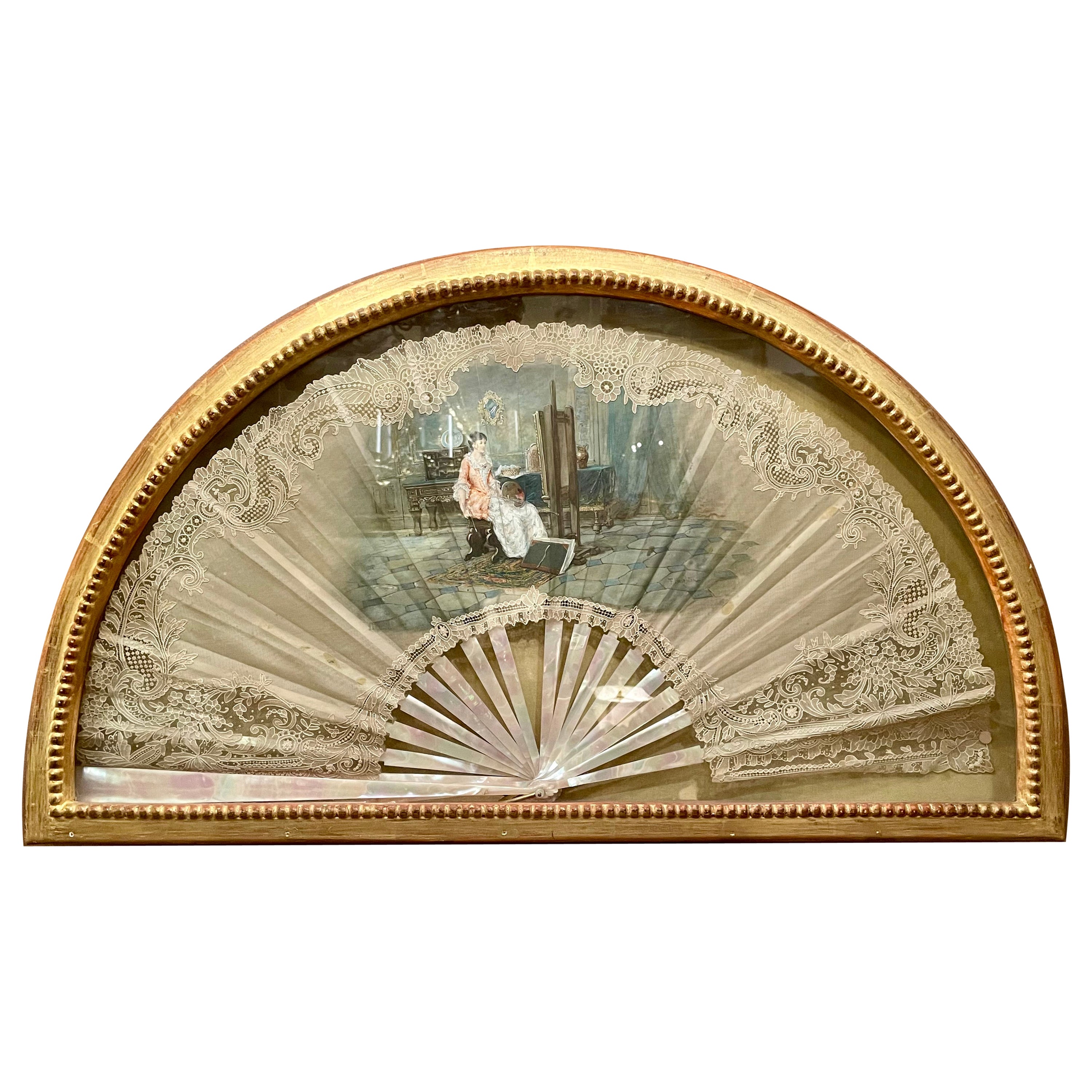 Antique Hand-Painted Mother-of-Pearl Fan Screen Shadow Box, Circa 1840.