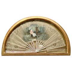 Used Hand-Painted Mother-of-Pearl Fan Screen Shadow Box, Circa 1840.