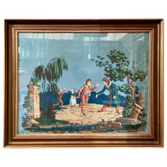 Carta da parati antica incorniciata e colorata a mano raffigurante "Bambini che giocano", circa 1890-1910