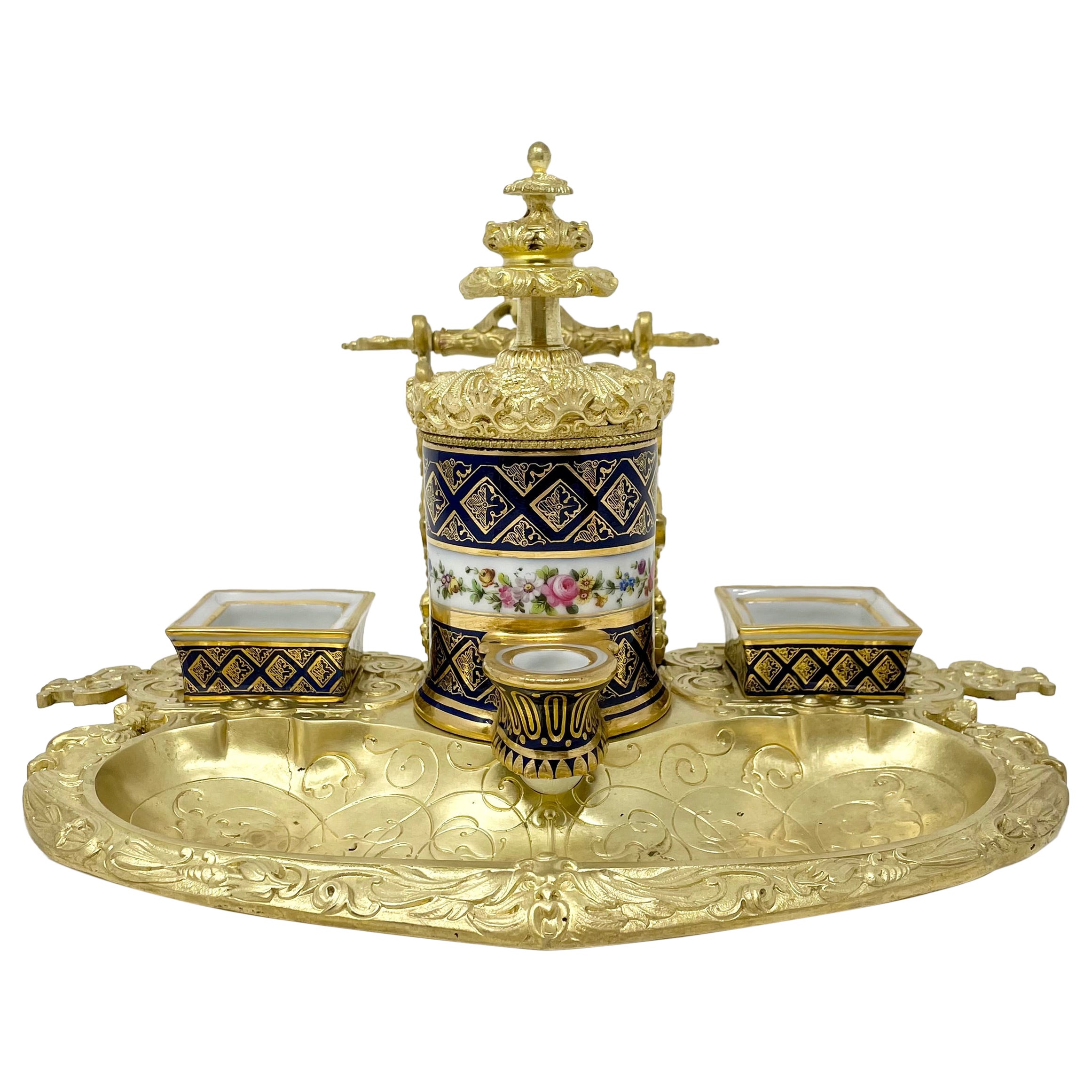 Antique French Old Paris Porcelain & Gold Bronze Inkwell, Circa 1840.