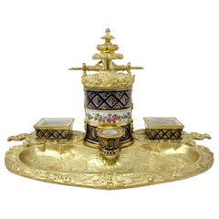 Antique French Old Paris Porcelain & Gold Bronze Inkwell, Circa 1840.