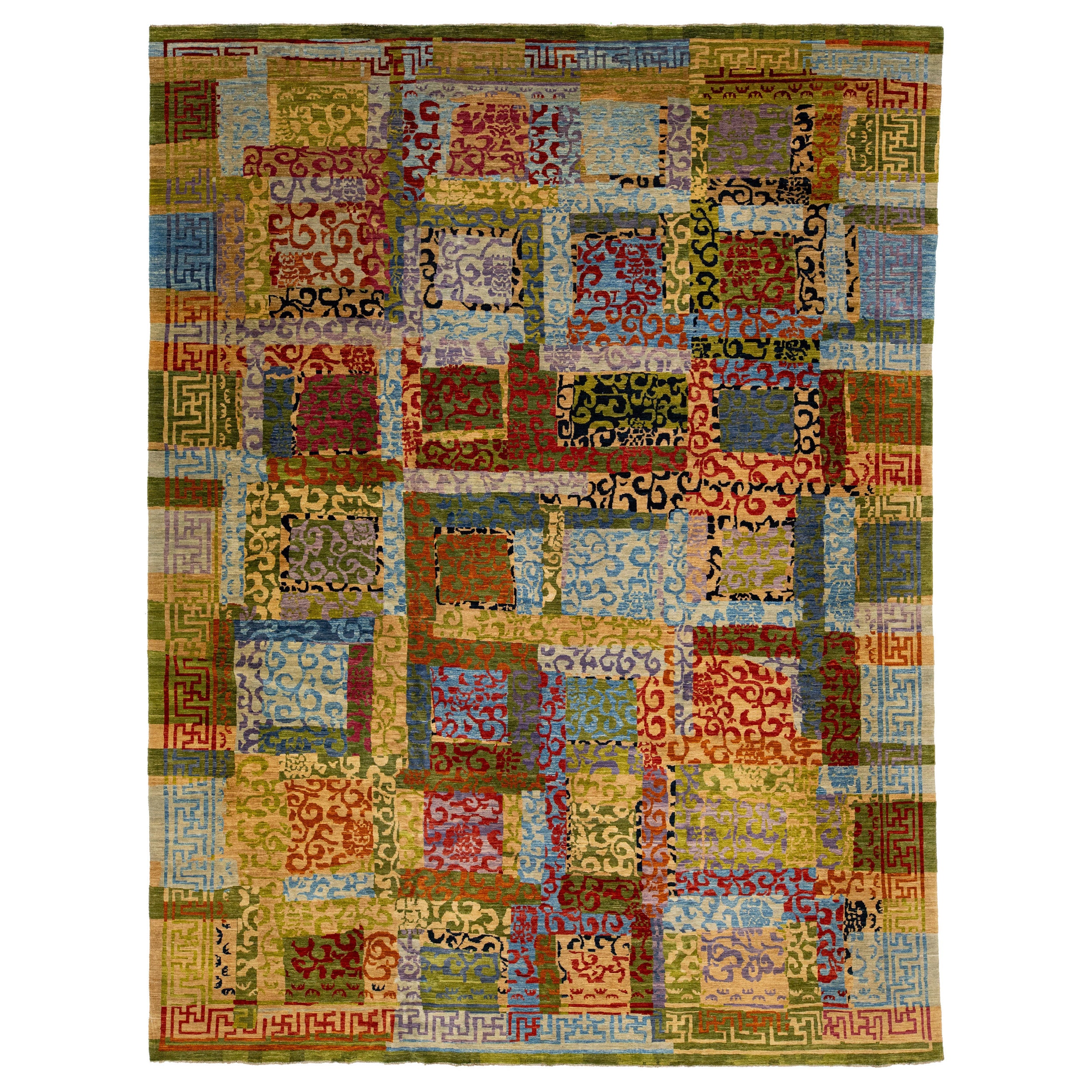  Modern Transitional Handmade Wool Rug with Multicolor Motif For Sale