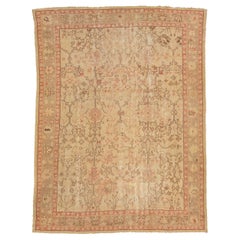 Tan Handmade Turkish Oushak Wool Rug Featuring a Floral Motif 