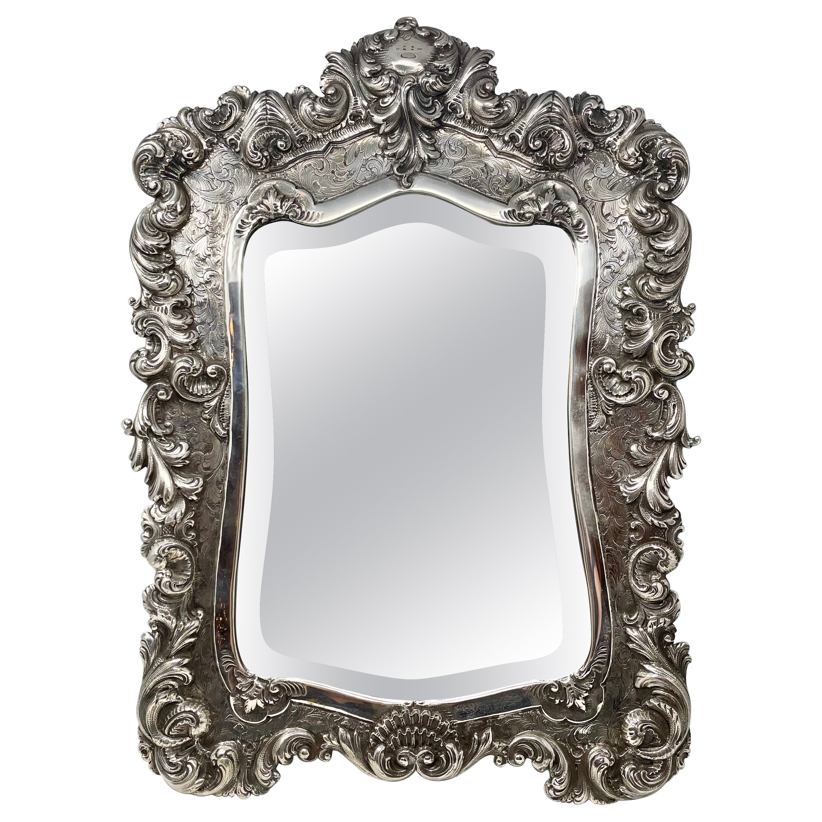 Antique French Louis XV Silver Mirror with Beveling, Circa 1880. For Sale