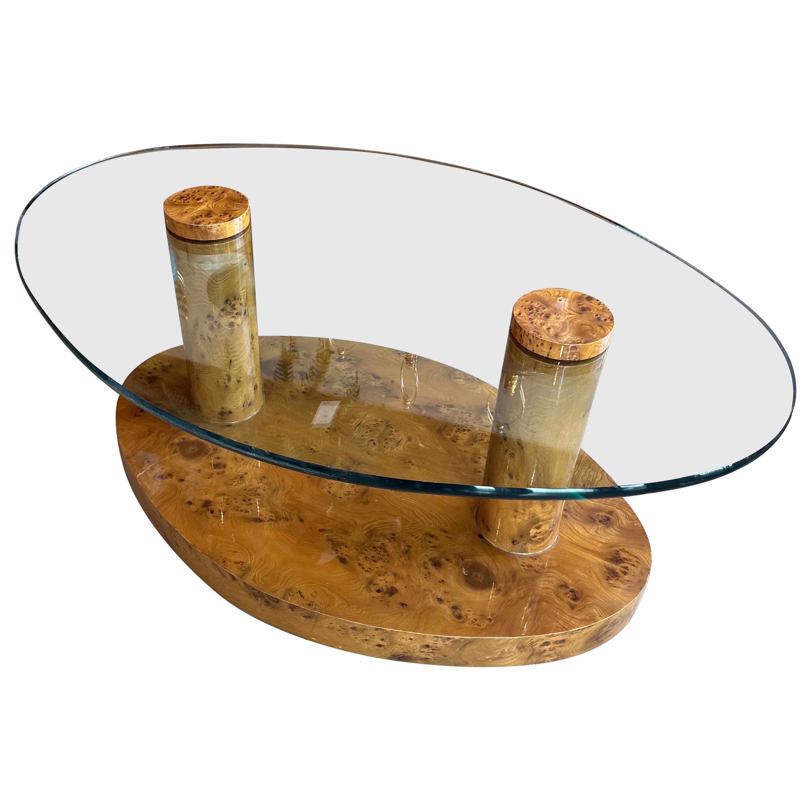 Vintage Burl Burled Wood Coffee Cocktail Table Oval Glass Top Mid Century Modern For Sale