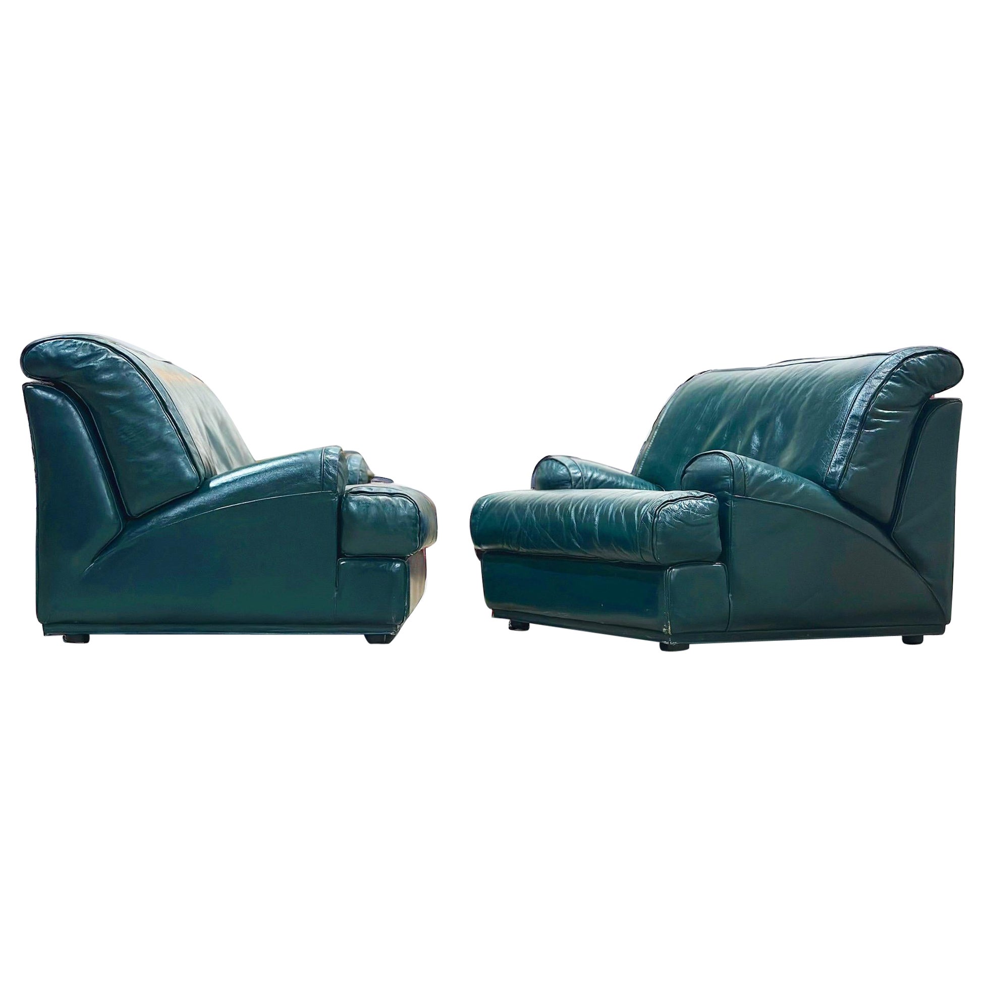 Pair Vintage Roche Bobois Teal Leather Club Lounge Chairs - Streamline Moderne