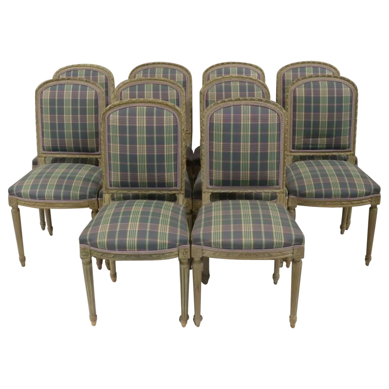 Set of Ten Plaid and Painted Louis XVI Style Dining Chairs, circa 1930