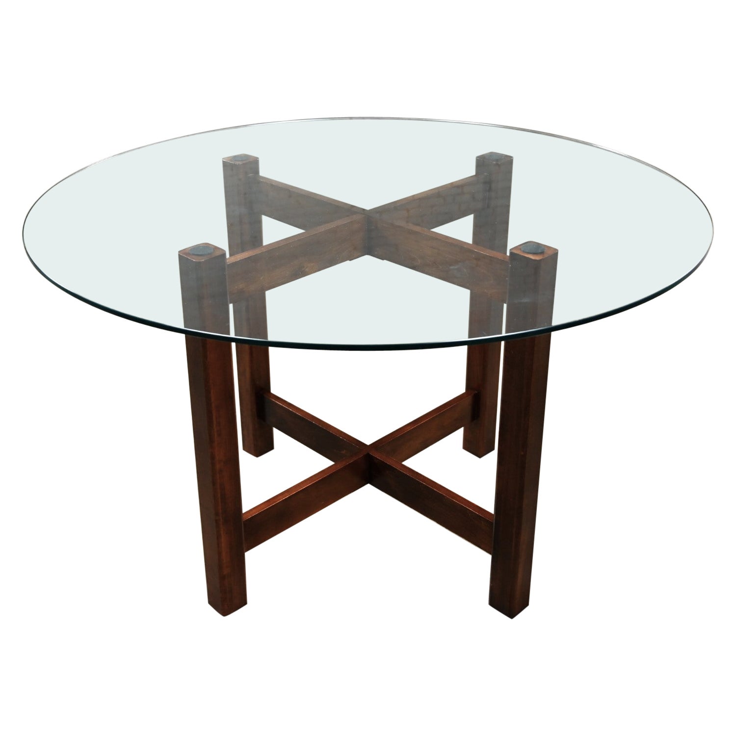 Late 20th Century Modern Walnut X-Base Dining Room Table Round Tempered Glass 