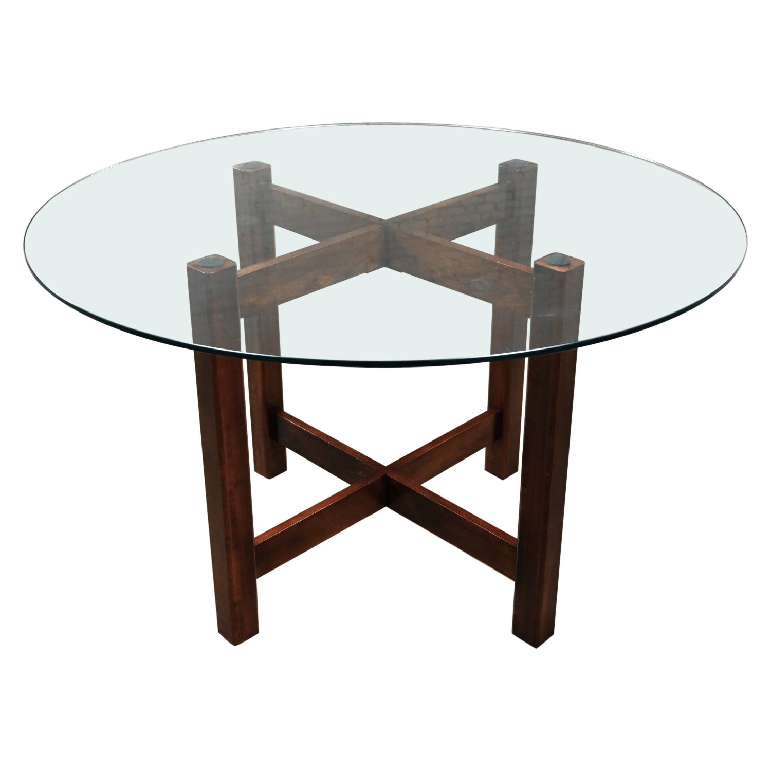Ende des 20. Jahrhunderts Moderner Nussbaum X-Base Esszimmertisch Rund Gehärtetes Glas