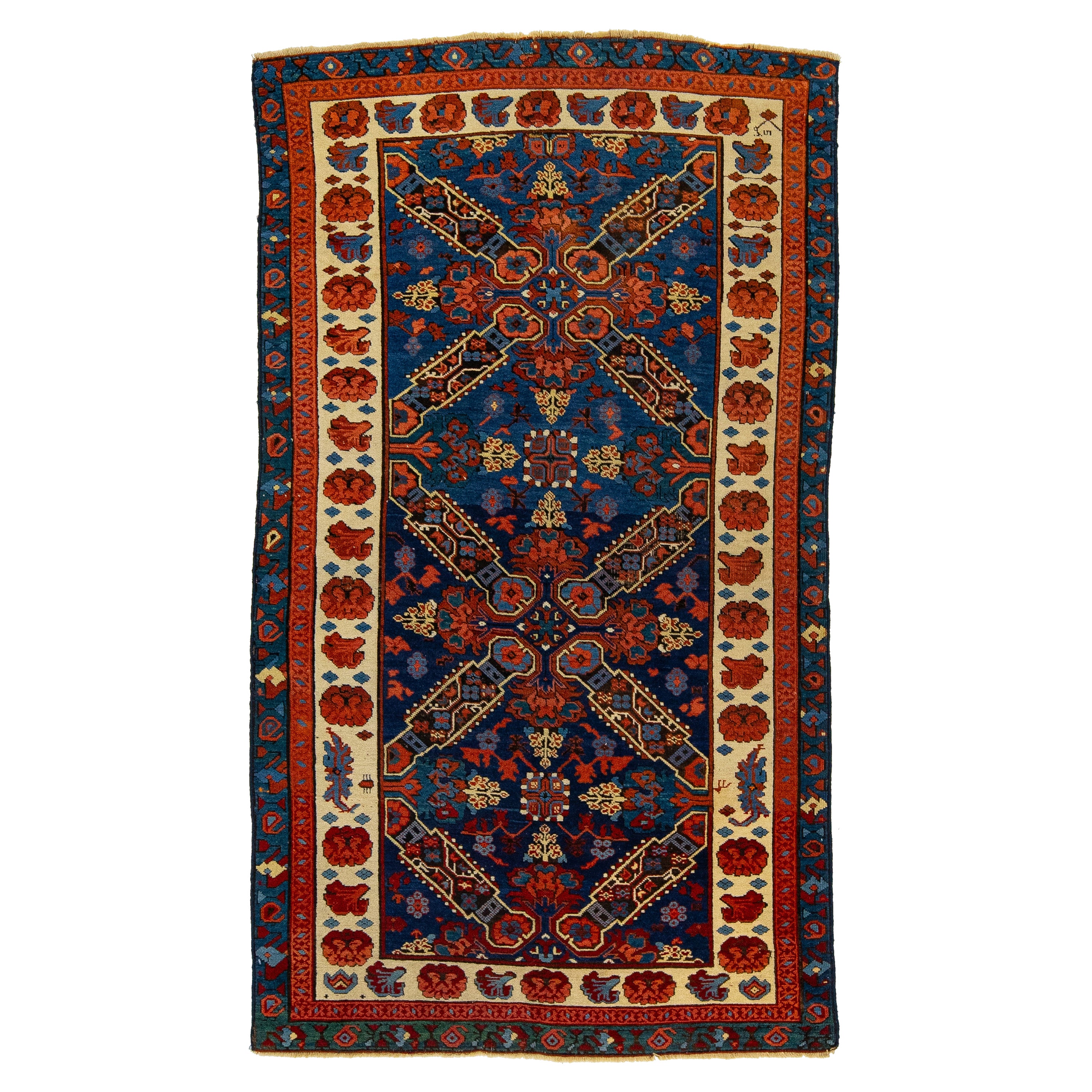Vintage Caucasian Seychour  Handmade Wool Rug in Navy Blue With Tribal Motif For Sale
