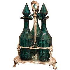 19th Century Three Bottle Tantalus on Sheffield Plate Stand