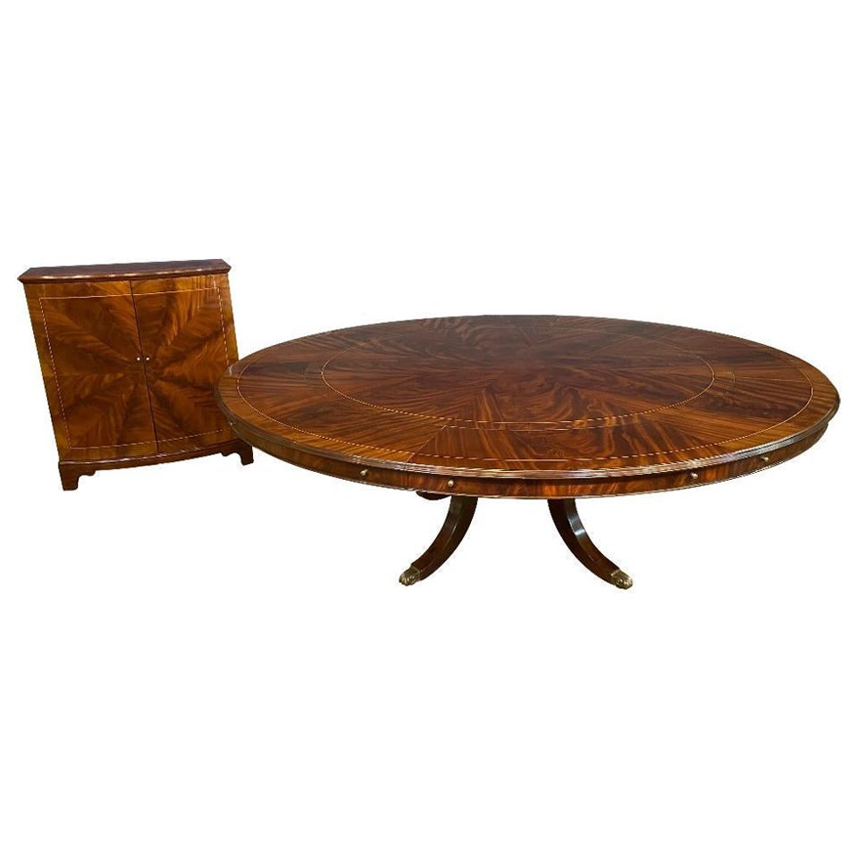 90” Round Mahogany Dining Table w/Leaf Storage Cabinet by Leighton Hall For Sale