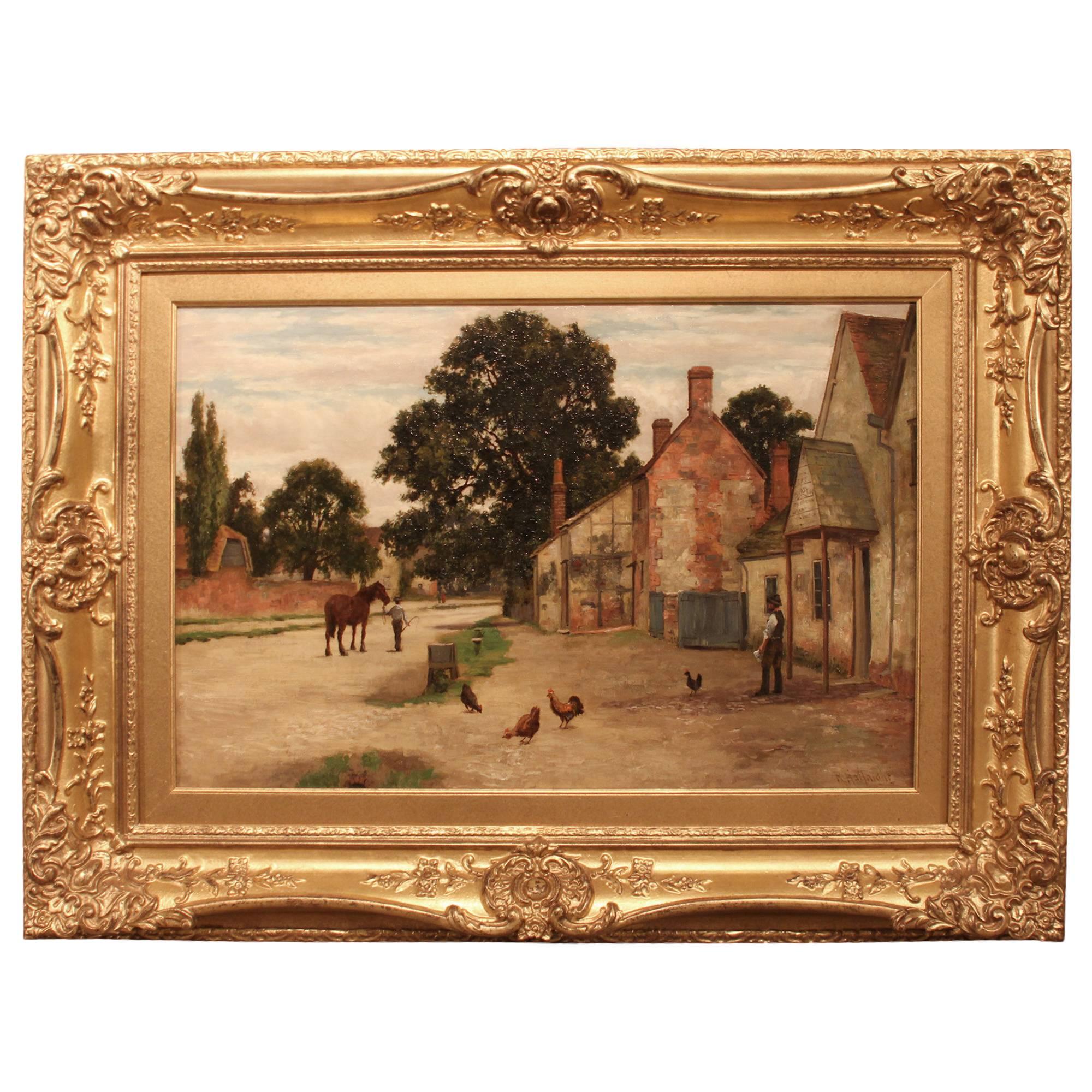 "A Village Street" Oil Painting by Richard Halfnight For Sale