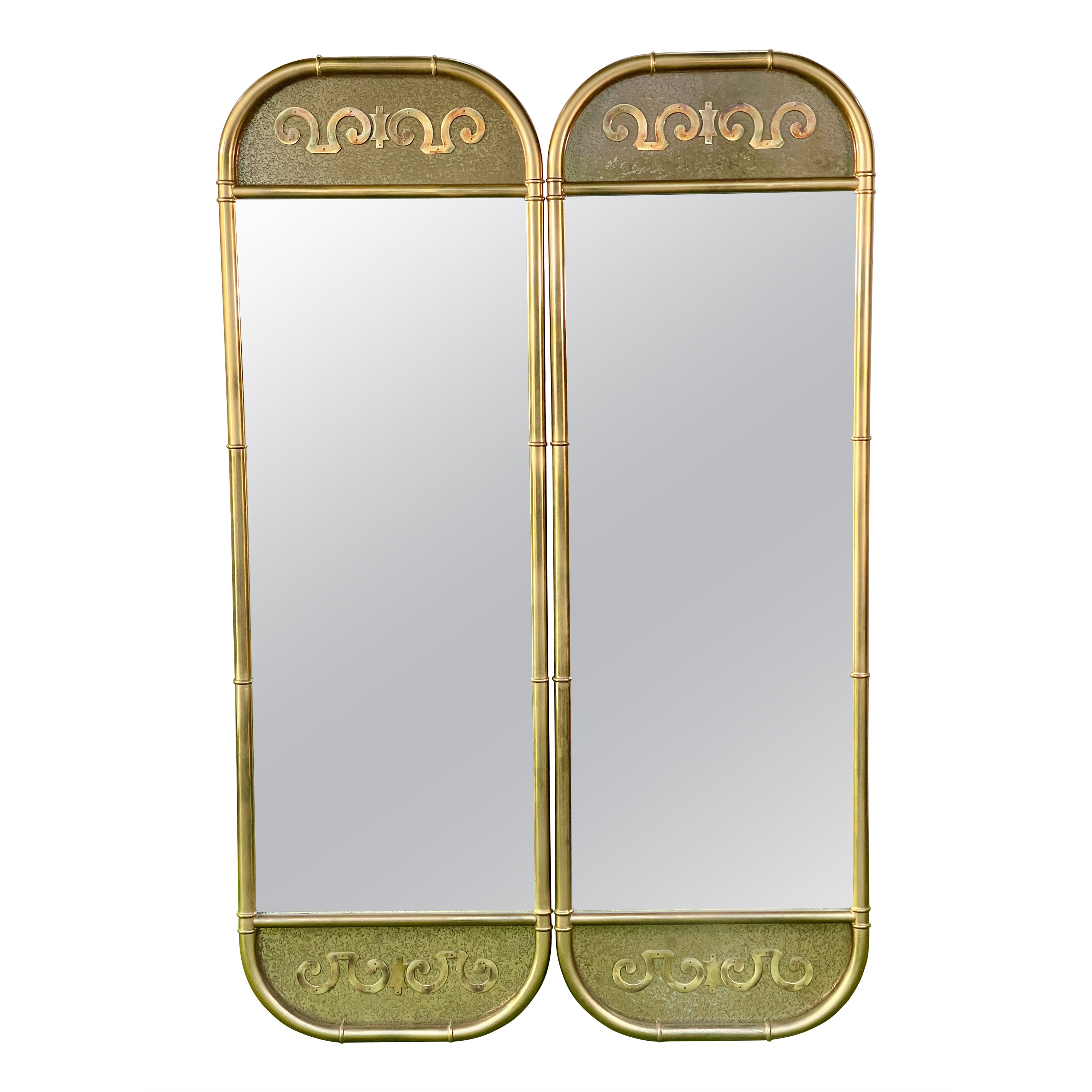 Pair of Slim Mastercraft Brass Wall Mirrors For Sale