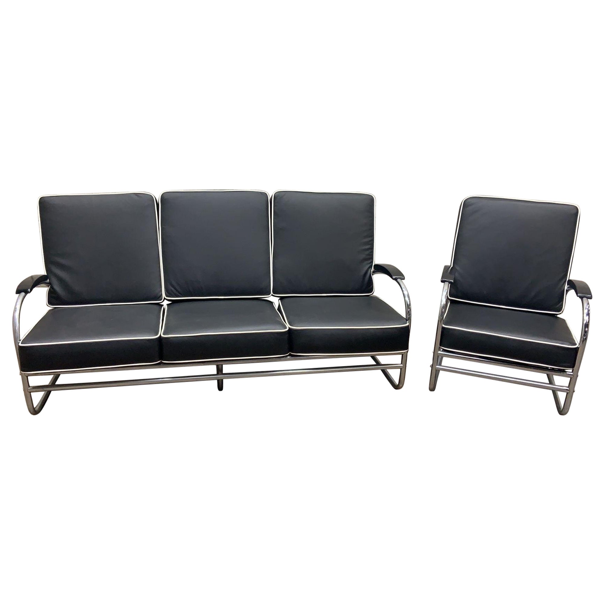 Art Deco Chrome Tubular Sofa & Lounge Chair Set in Black Leather by Kem Weber For Sale