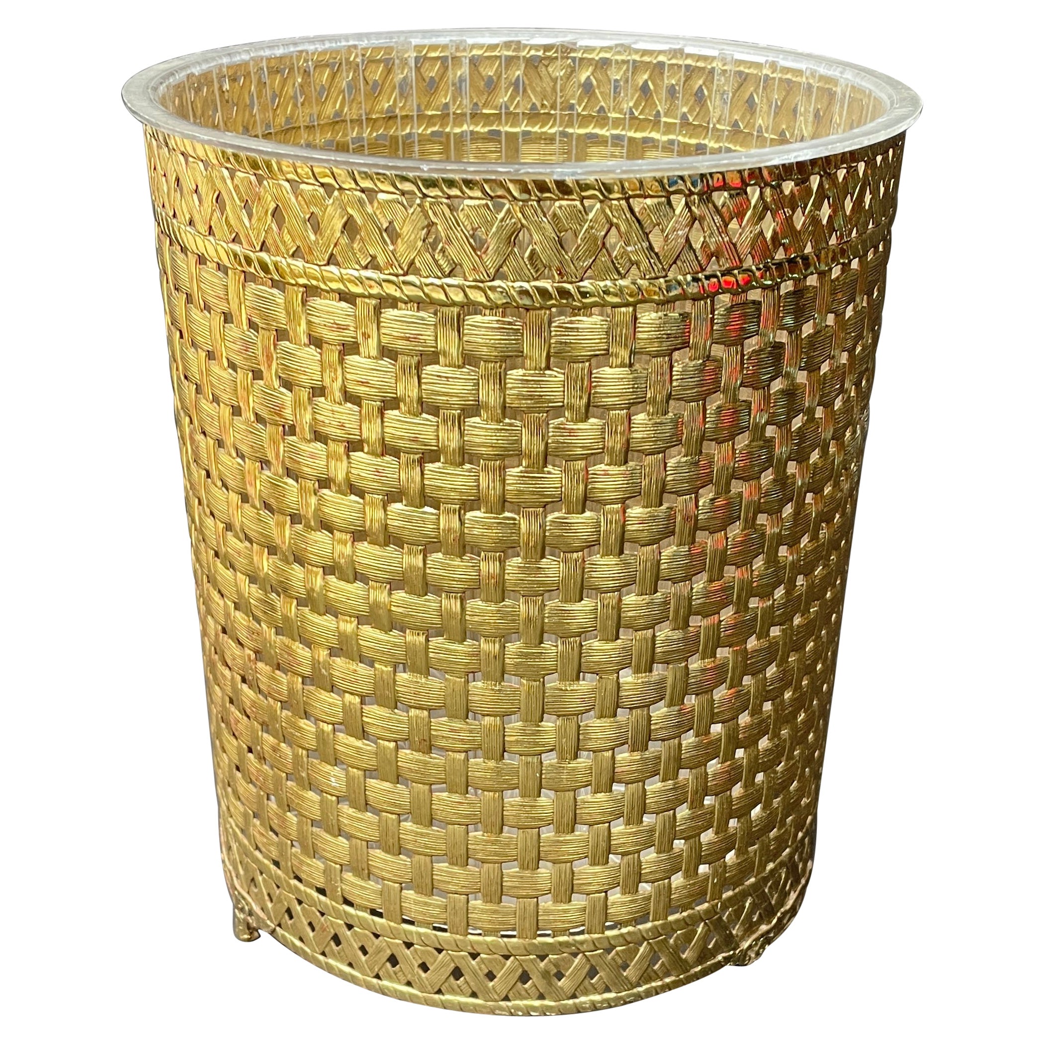 Vintage Hollywood Regency Brass Basketeave Metal Waste Basket With Acrylic Liner