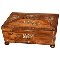 Antique Victorian Rosewood Sewing, Work Box with Mother of Pearl, circa 1860