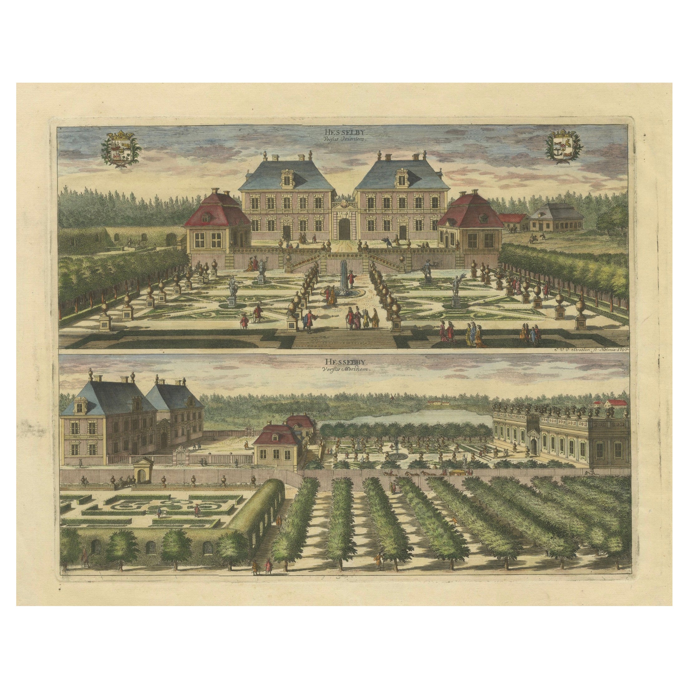 Gravur-Handkolorierte Ansichten des Schlosses Hesselby in Stockholm, Schweden, 1707 im Angebot