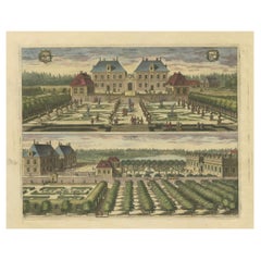 Antique Engraved Hand-colored Views of Hesselby Castle in Stockholm, Sweden, 1707