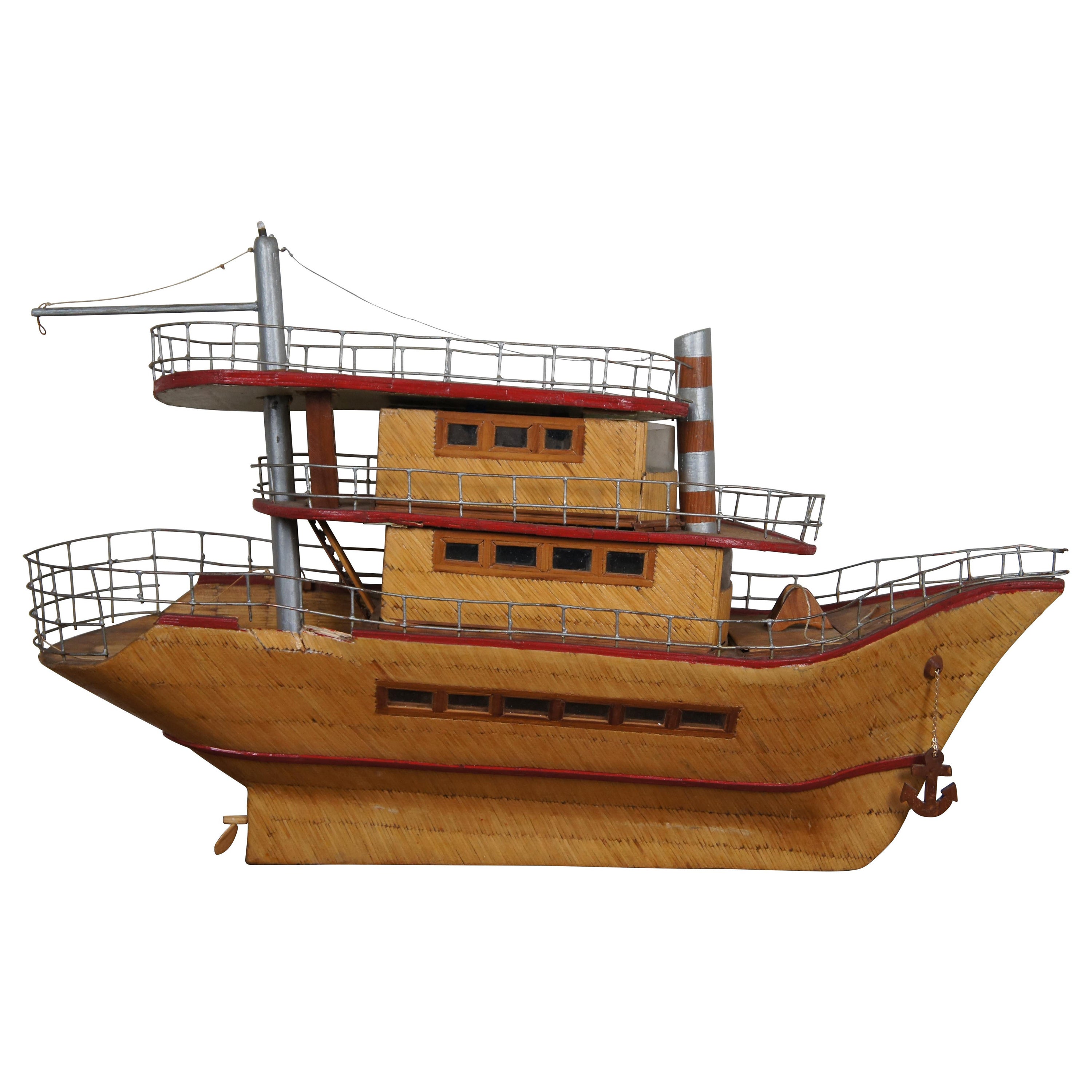 Prison Folk Art Matchstick Model Boat Ship Maritime Night Light Sculpture 31"