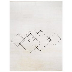 Abstrakter weißer Teppich mit schwarzem Design, handgefertigt in Saum