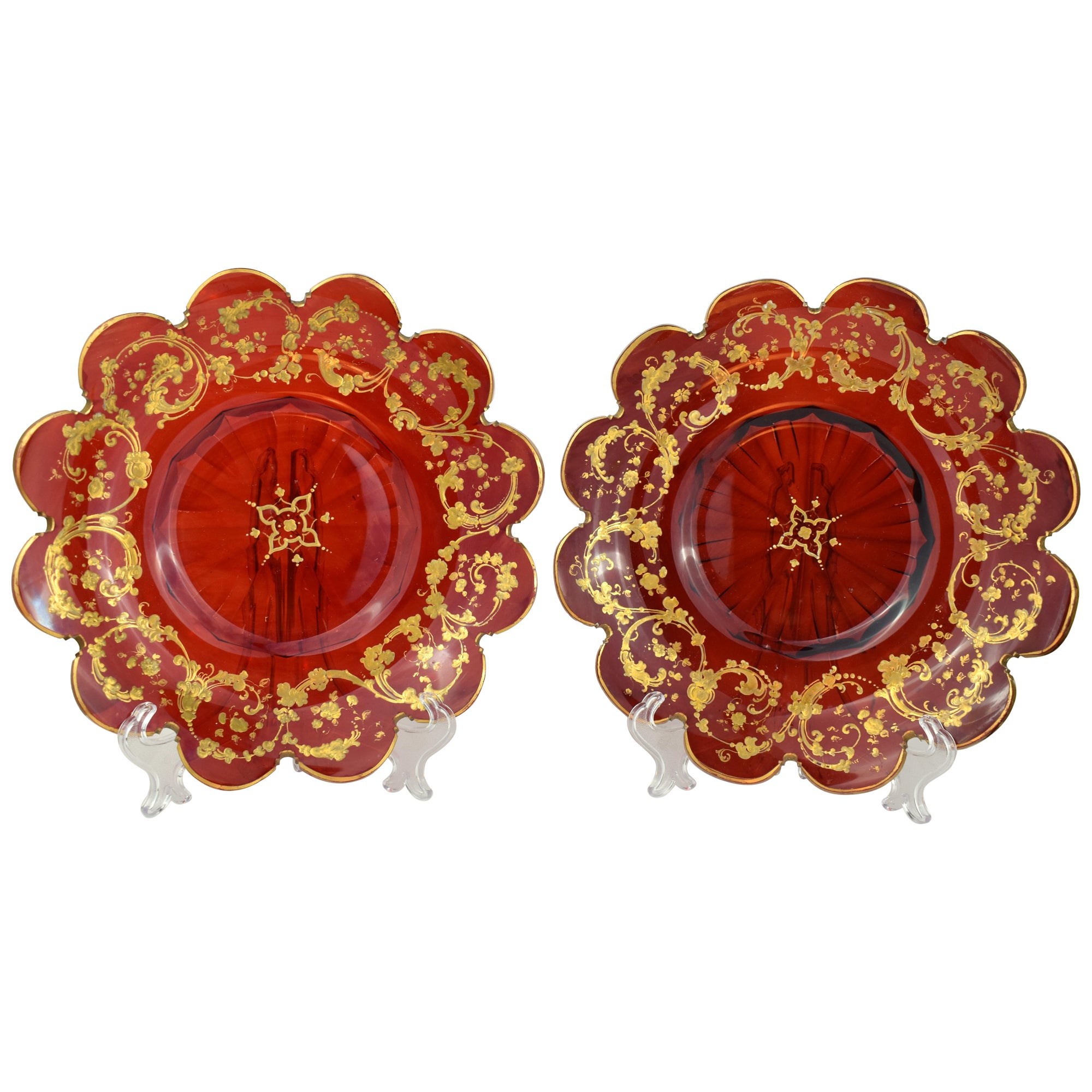 PAIR OF ANTIQUE BOHEMIAN RUBY RED ENAMELED CRYSTAL GLASS PLATES, 19th CENTURY For Sale