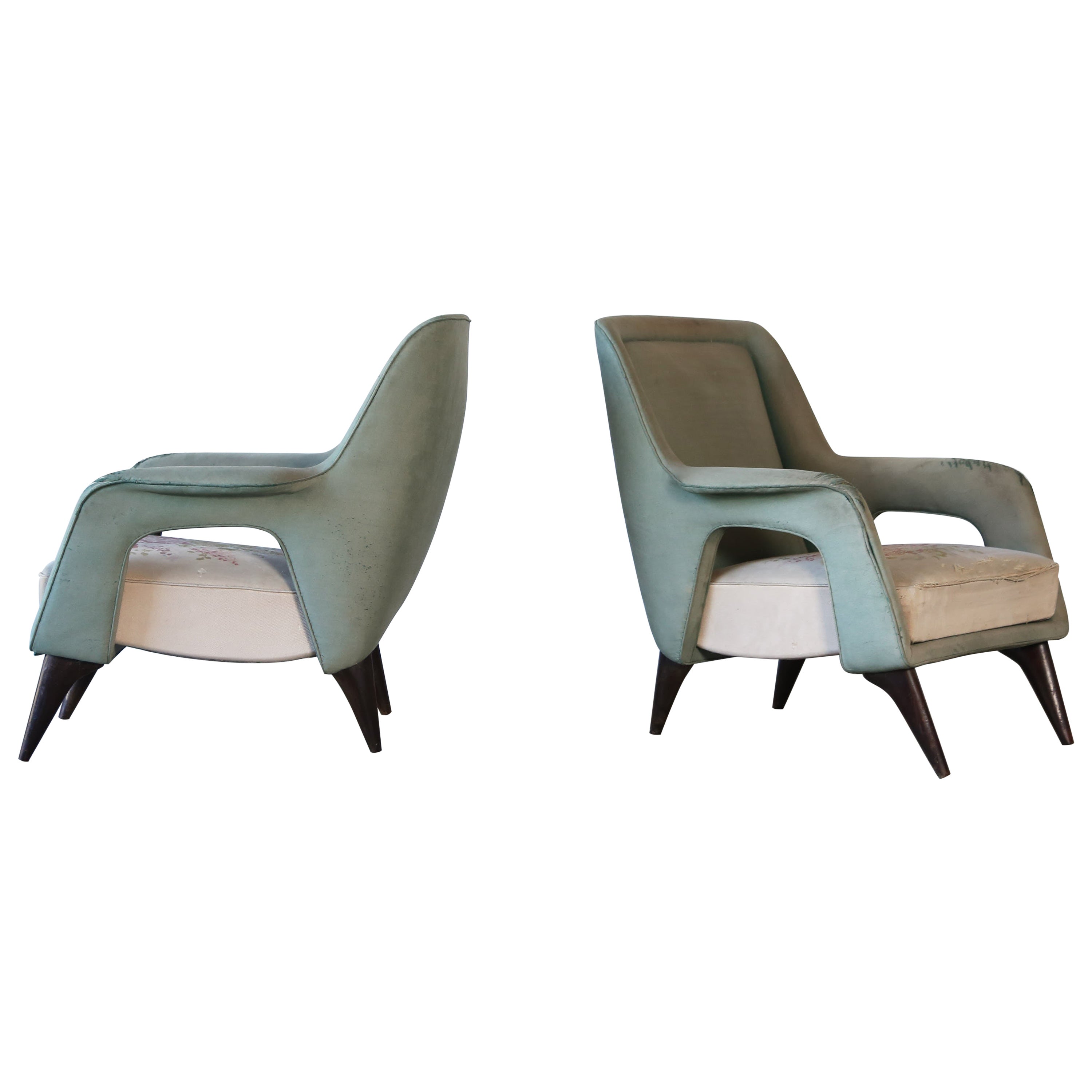 Outstanding, Rare Lounge Chairs, Italy, 1950s, For Reupholstery For Sale