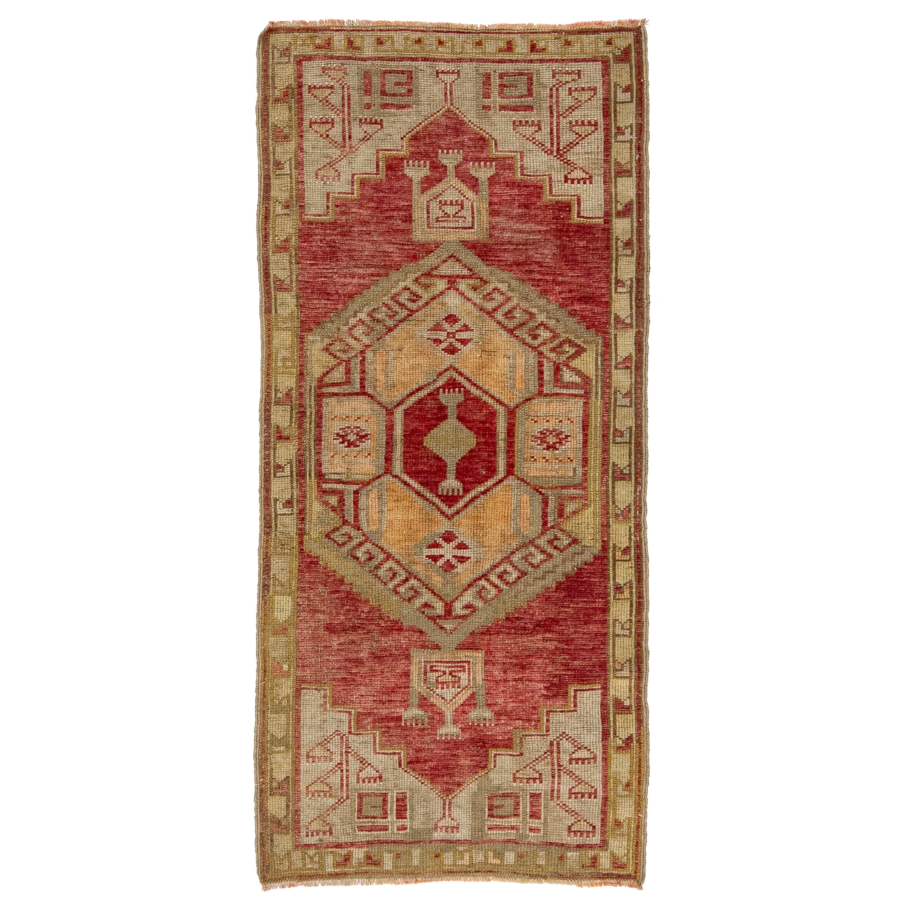 Red Vintage Turkish Anatolian Handmade Geometric Designed Wool Rug