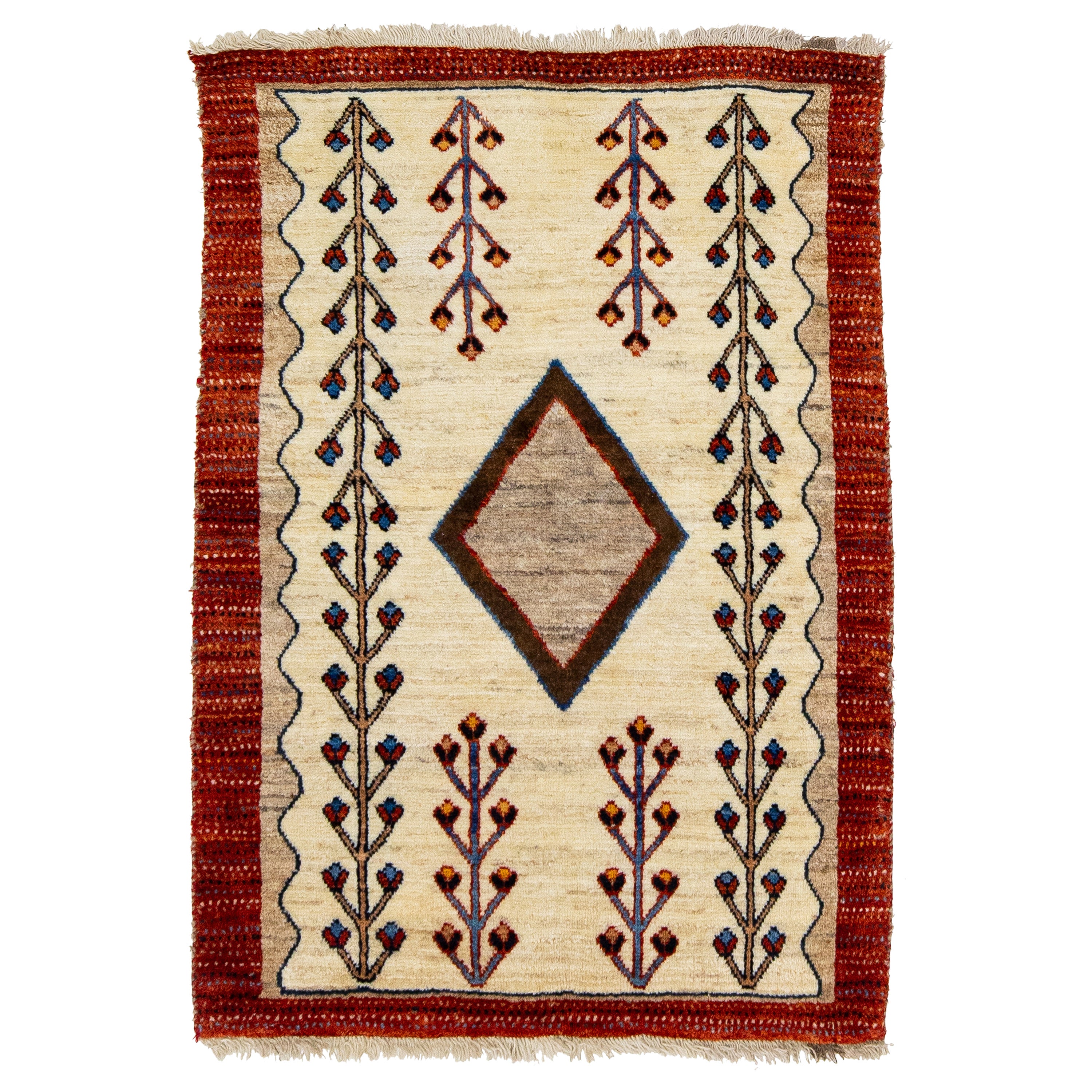 Modern Persian Gabbeh Wool Rug In Beige with Tribal Pattern For Sale